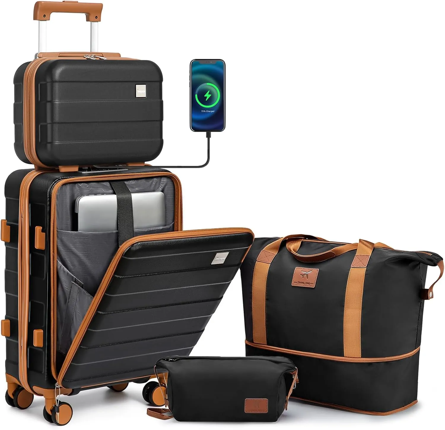 imiomo Carry on Luggage Airline Approved, Lightweight Hard Shell Carry-on Suitcase, 20 Inch Travel Luggage with Spinner Wheels and USB Port, Black Brown