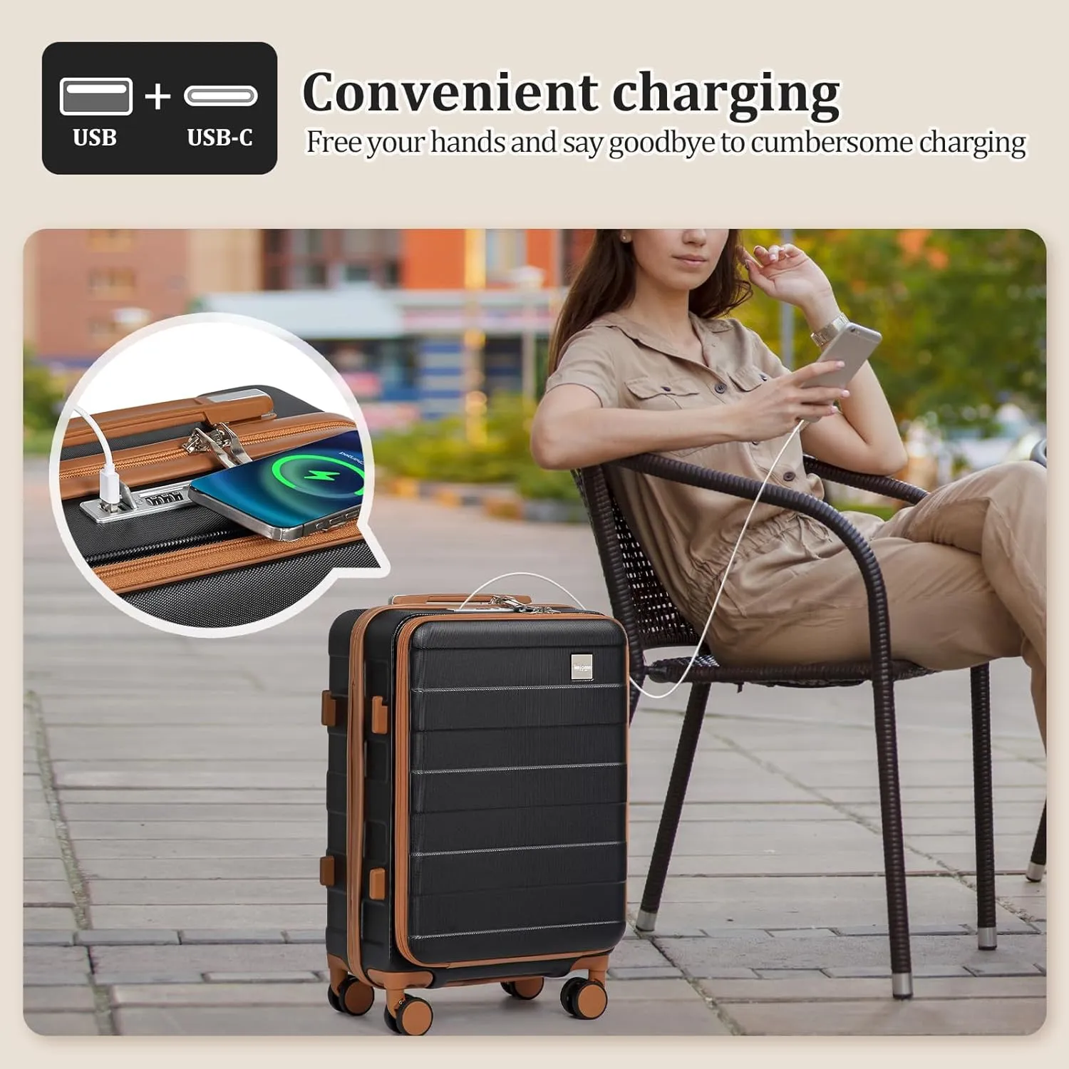 imiomo Carry on Luggage Airline Approved, Lightweight Hard Shell Carry-on Suitcase, 20 Inch Travel Luggage with Spinner Wheels and USB Port, Black Brown