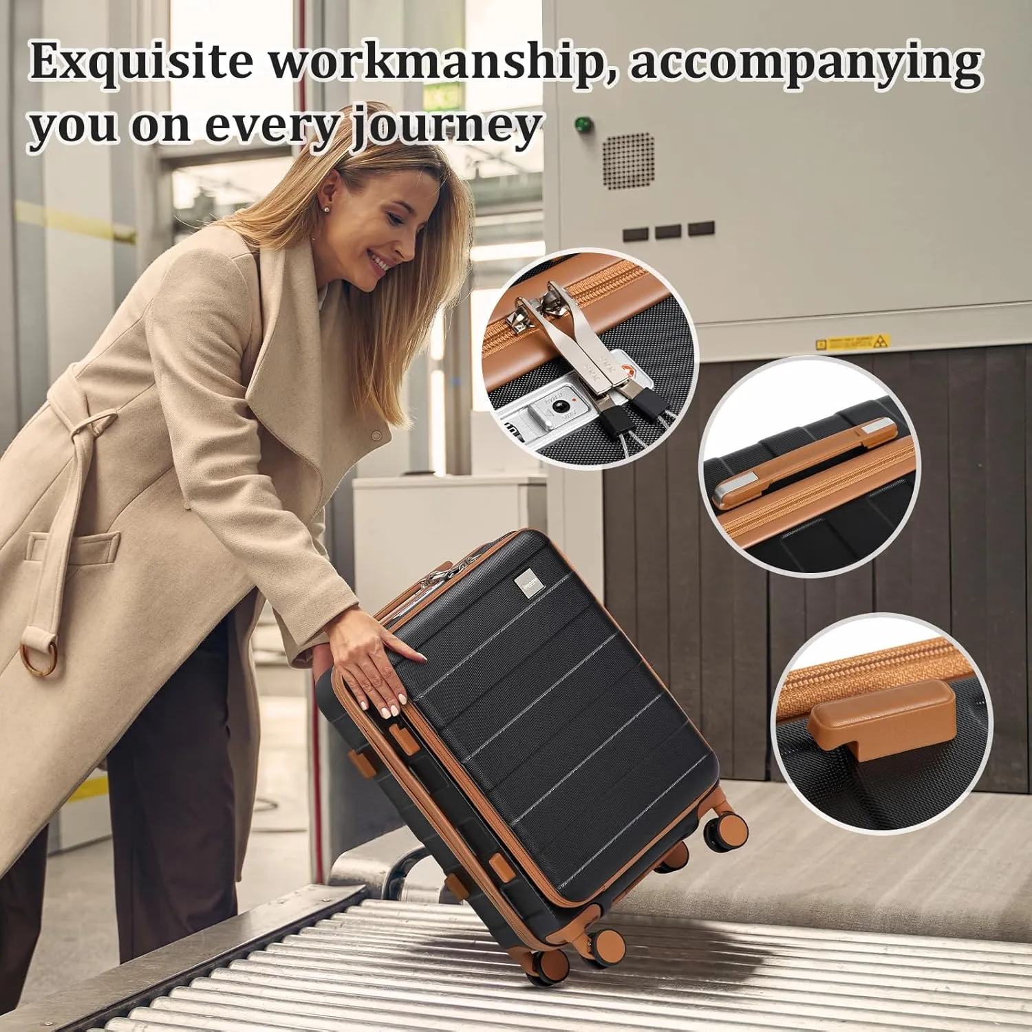 imiomo Carry on Luggage Airline Approved, Lightweight Hard Shell Carry-on Suitcase, 20 Inch Travel Luggage with Spinner Wheels and USB Port, Black Brown