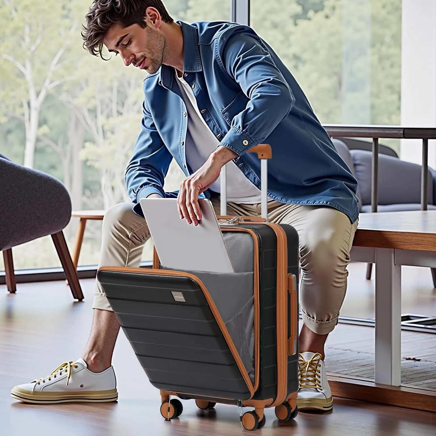 imiomo Carry on Luggage Airline Approved, Lightweight Hard Shell Carry-on Suitcase, 20 Inch Travel Luggage with Spinner Wheels and USB Port, Black Brown