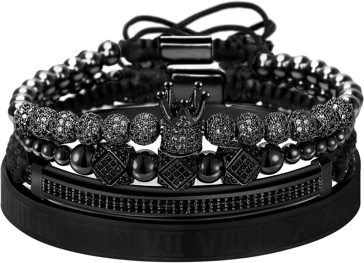 Imperial Crown King 18K Gold CZ Beads Bracelets Luxury Charm Fashion Bangle Royal Stacked Bracelet Set for Men Women With Luxury Box