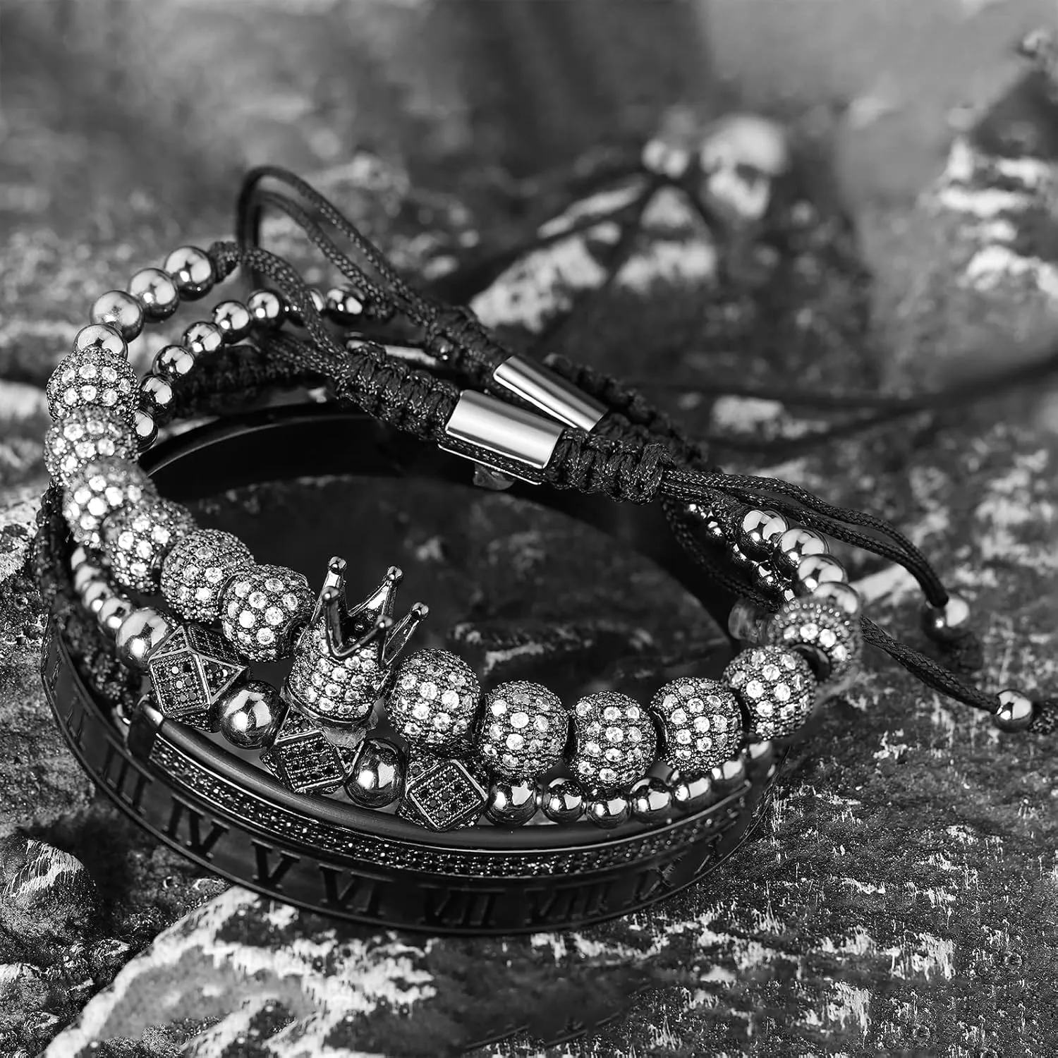 Imperial Crown King 18K Gold CZ Beads Bracelets Luxury Charm Fashion Bangle Royal Stacked Bracelet Set for Men Women With Luxury Box