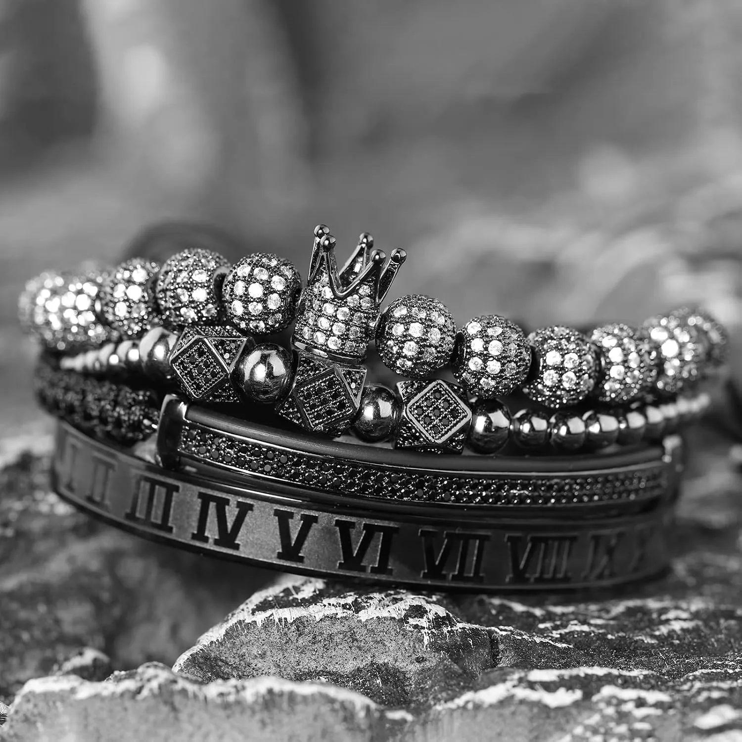 Imperial Crown King 18K Gold CZ Beads Bracelets Luxury Charm Fashion Bangle Royal Stacked Bracelet Set for Men Women With Luxury Box
