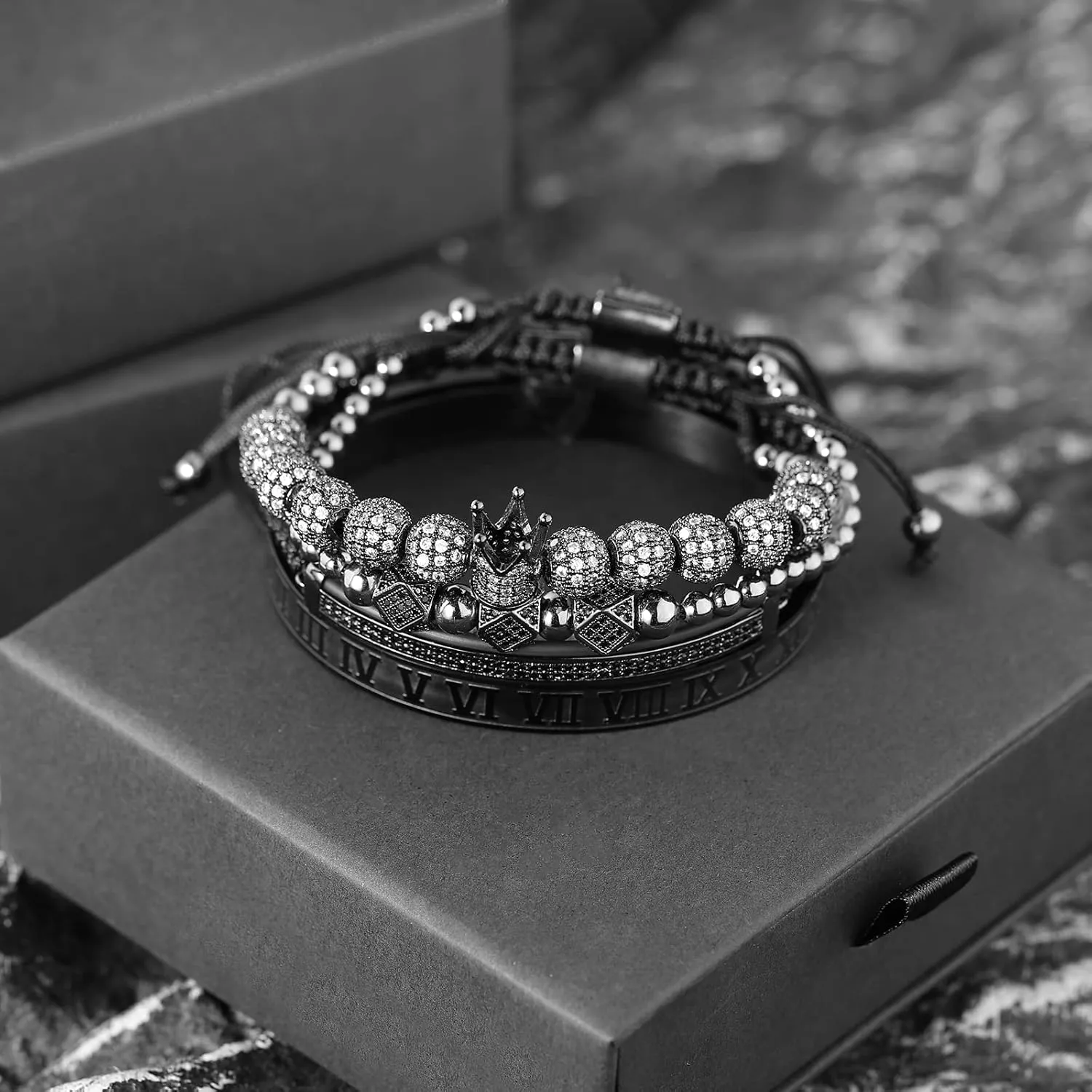 Imperial Crown King 18K Gold CZ Beads Bracelets Luxury Charm Fashion Bangle Royal Stacked Bracelet Set for Men Women With Luxury Box