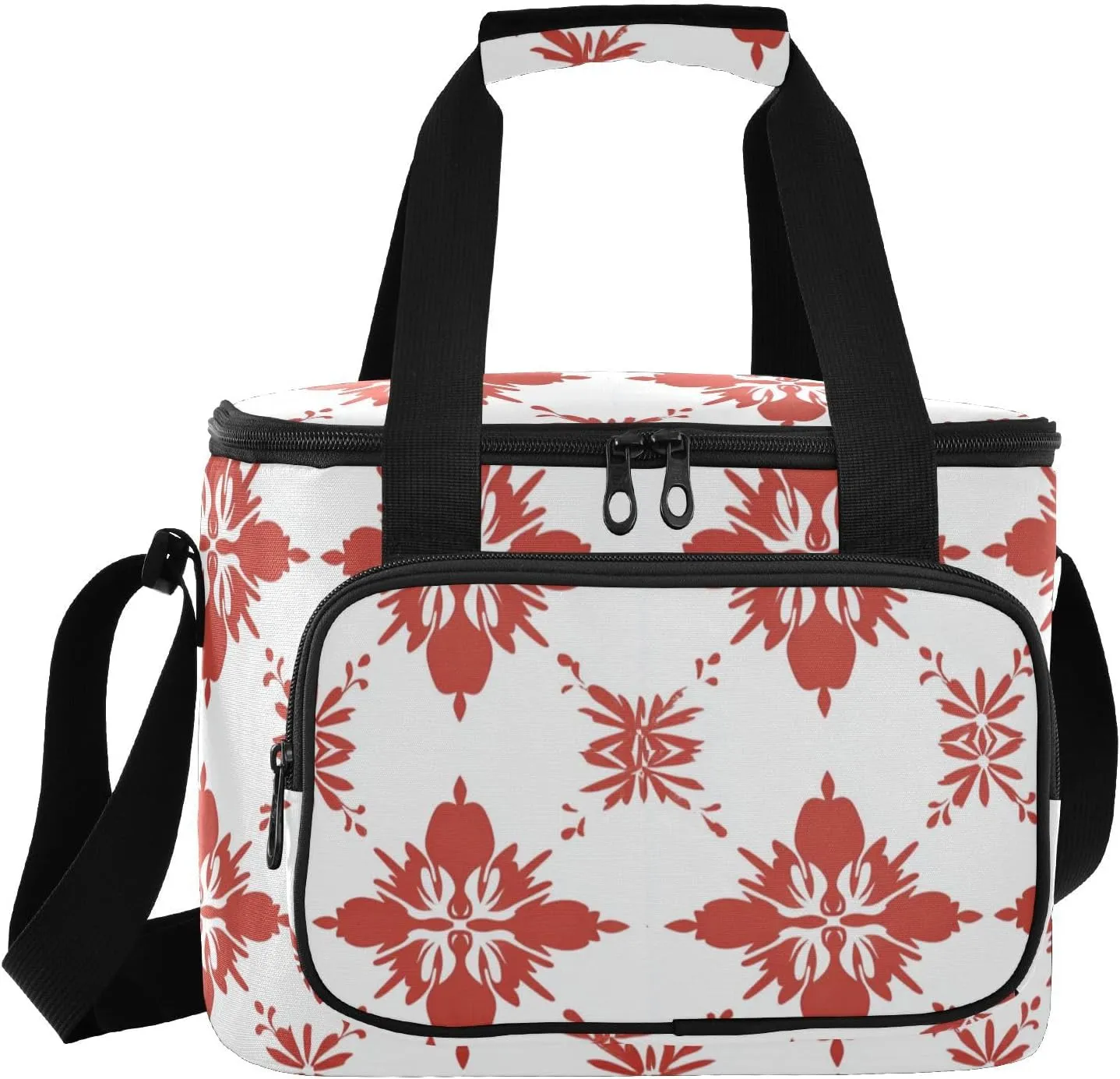 India Maltese Cross Pattern Red Large Capacity Insulated Cooler Tote Bag Hot or Cold Carrier Foldable Reusable Cooler Bags with Handles for Shopping Food Travel Beach Camping
