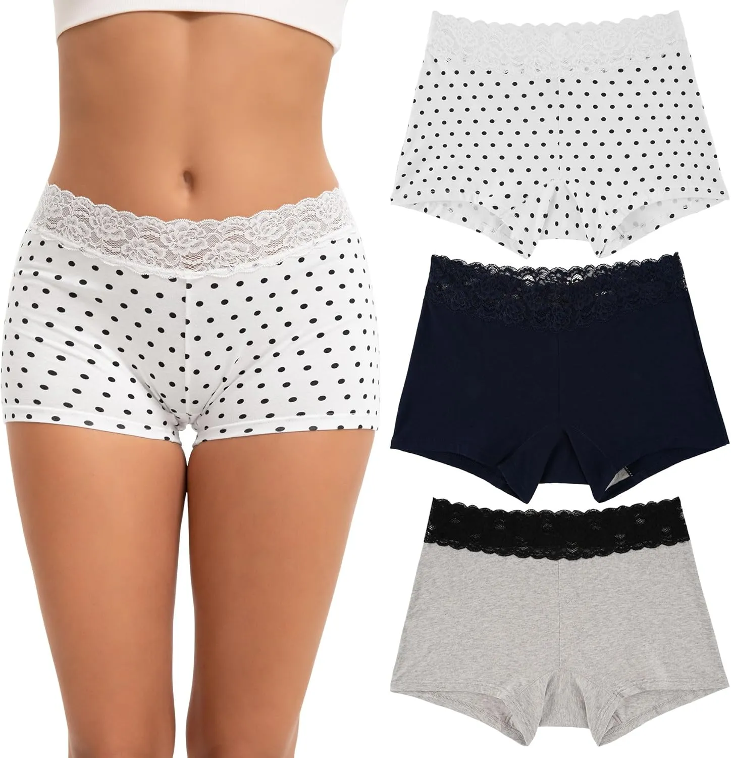 INNERSY Women's Lace Underwear Cotton Soft Boyshorts Panties Boxer Briefs 3-Pack