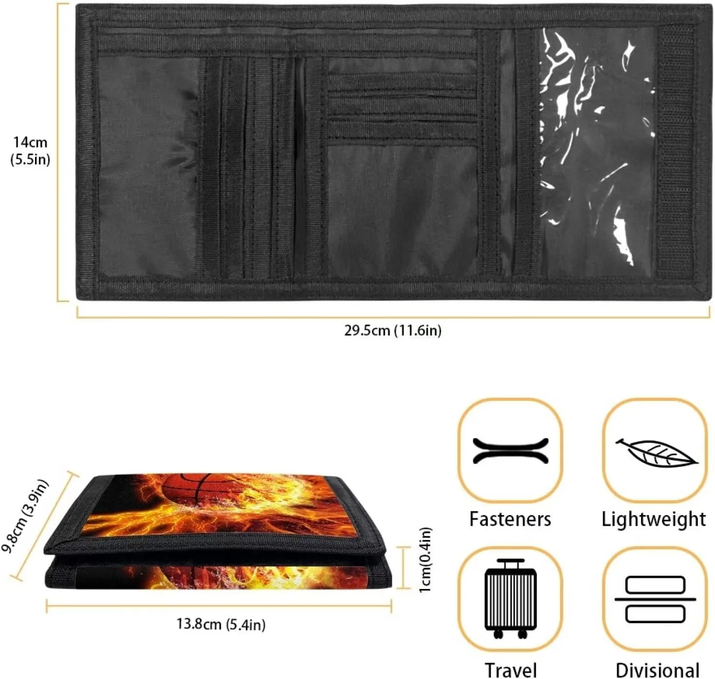 INSTANTARTS Basketball Wallet for Teen Boys Flame Card Holder Coin Purse Trifold Lightweight Money Organizer