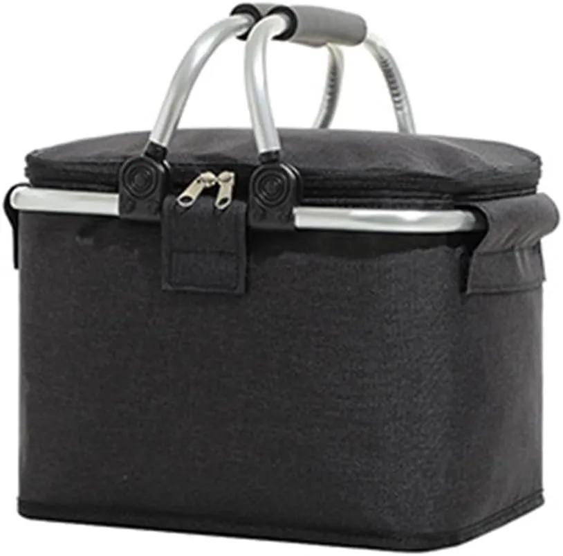 Insulated Cooler Lunch Bag Foldable Storage Basket Oxford Cloth Aluminum Alloy Frame Waterproof Thermal Container for Camping Picnic Outdoor Activitie(black)