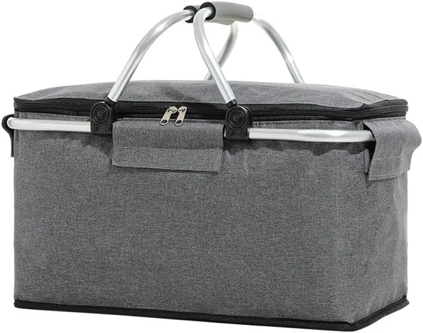 Insulated Cooler Lunch Bag Foldable Storage Basket Oxford Cloth Aluminum Alloy Frame Waterproof Thermal Container for Camping Picnic Outdoor Activitie(black)