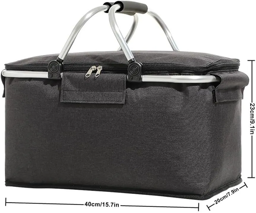 Insulated Cooler Lunch Bag Foldable Storage Basket Oxford Cloth Aluminum Alloy Frame Waterproof Thermal Container for Camping Picnic Outdoor Activitie(black)