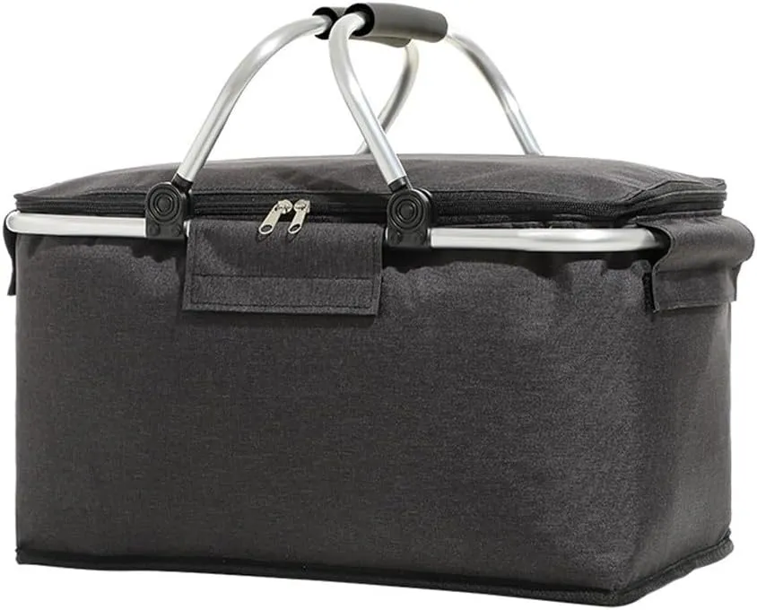 Insulated Cooler Lunch Bag Foldable Storage Basket Oxford Cloth Aluminum Alloy Frame Waterproof Thermal Container for Camping Picnic Outdoor Activitie(black)