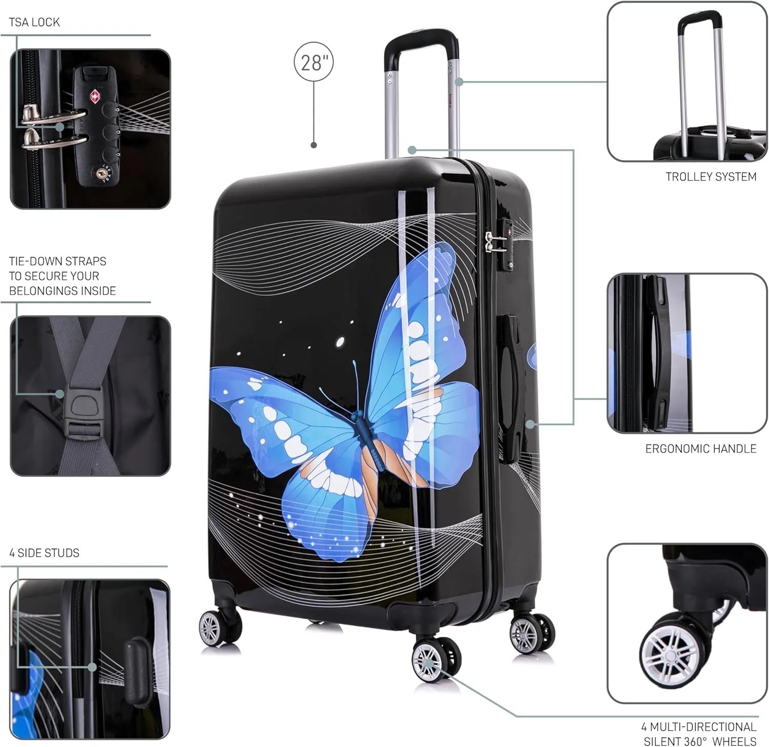 InUSA Black Butterfly Print Luggage with Spinner Wheels | Durable Lightweight Hardside Suitcase | Travel Bag with Handle and Trolley | 28-Inch Large Checked luggage
