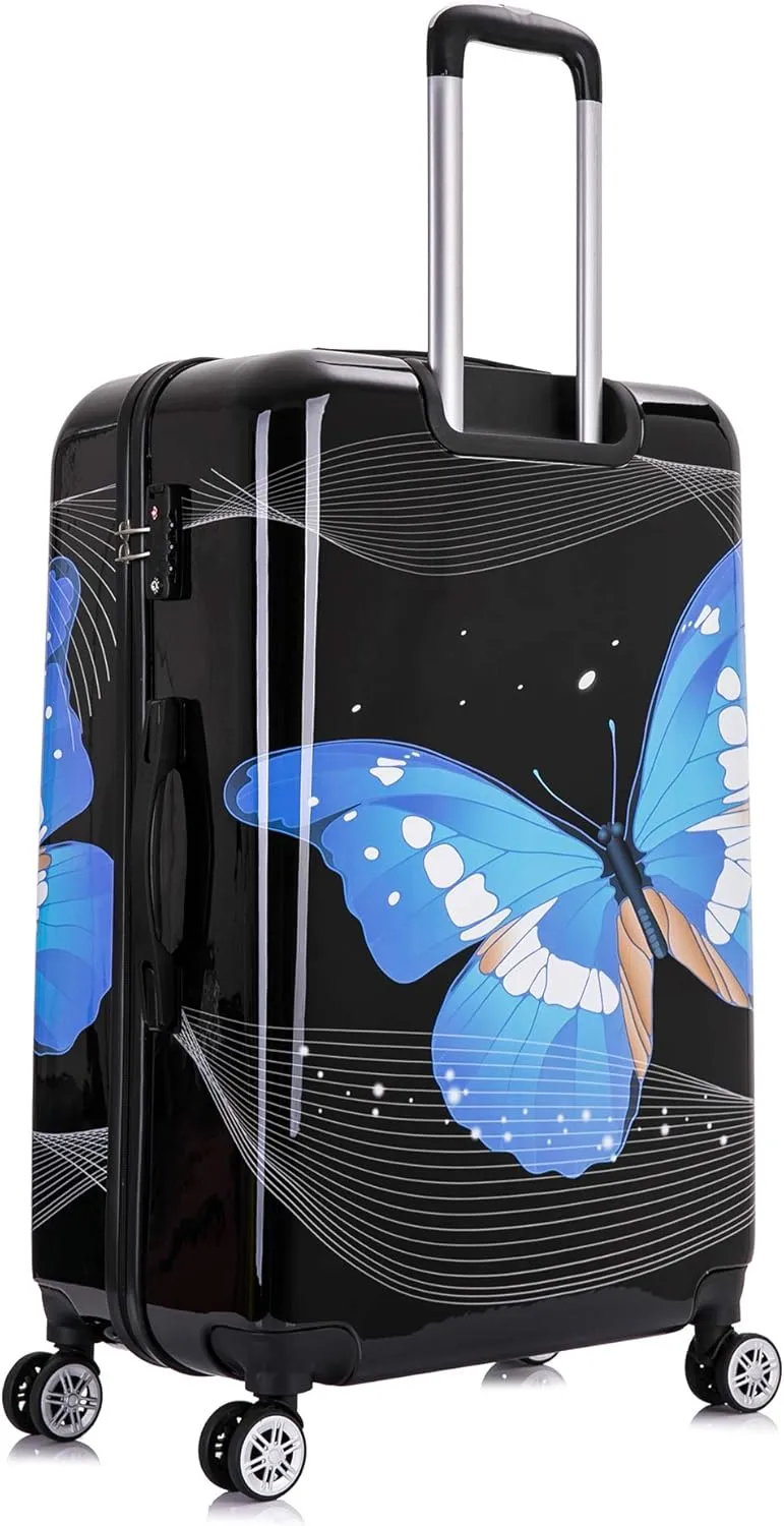 InUSA Black Butterfly Print Luggage with Spinner Wheels | Durable Lightweight Hardside Suitcase | Travel Bag with Handle and Trolley | 28-Inch Large Checked luggage