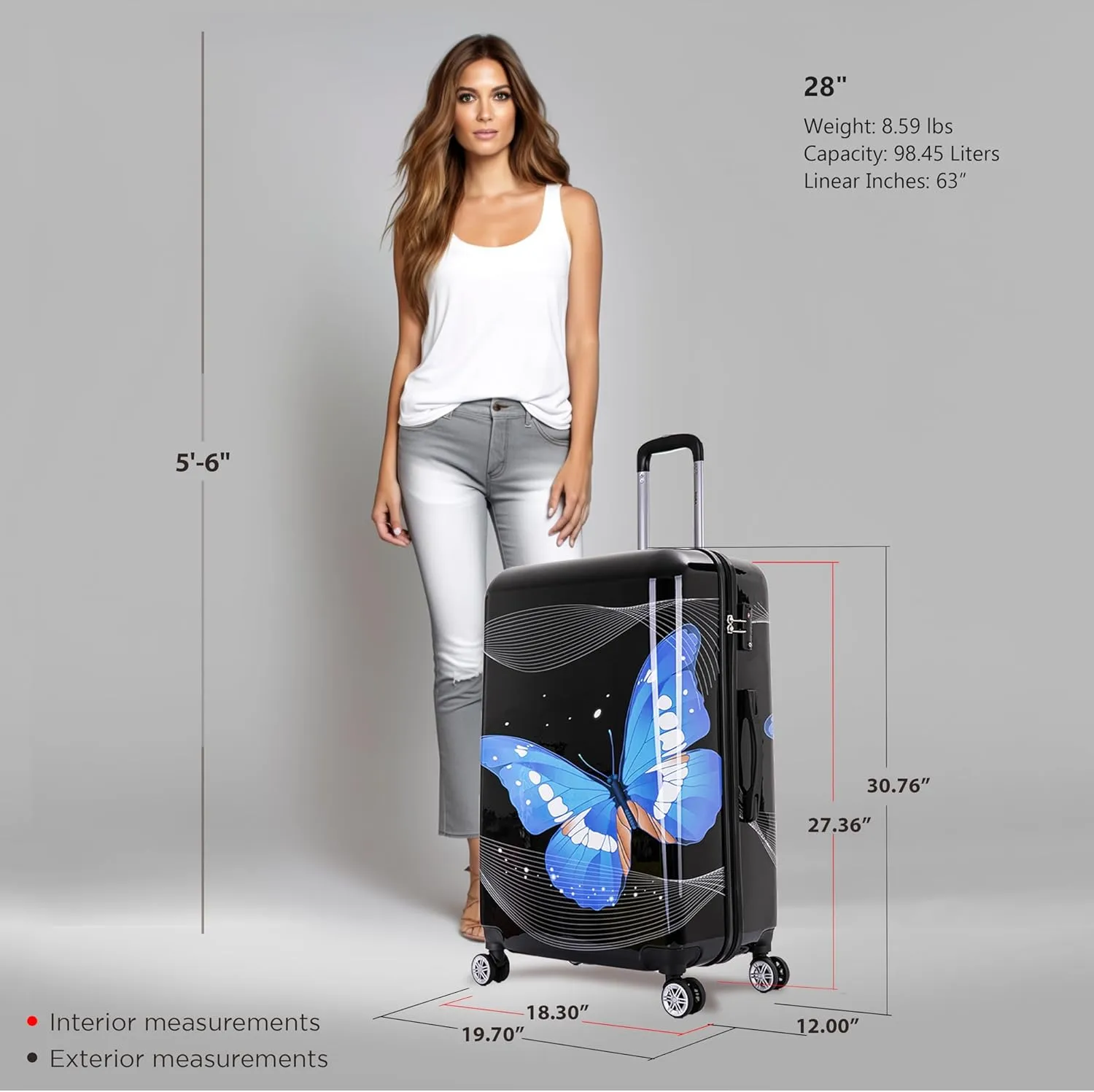 InUSA Black Butterfly Print Luggage with Spinner Wheels | Durable Lightweight Hardside Suitcase | Travel Bag with Handle and Trolley | 28-Inch Large Checked luggage