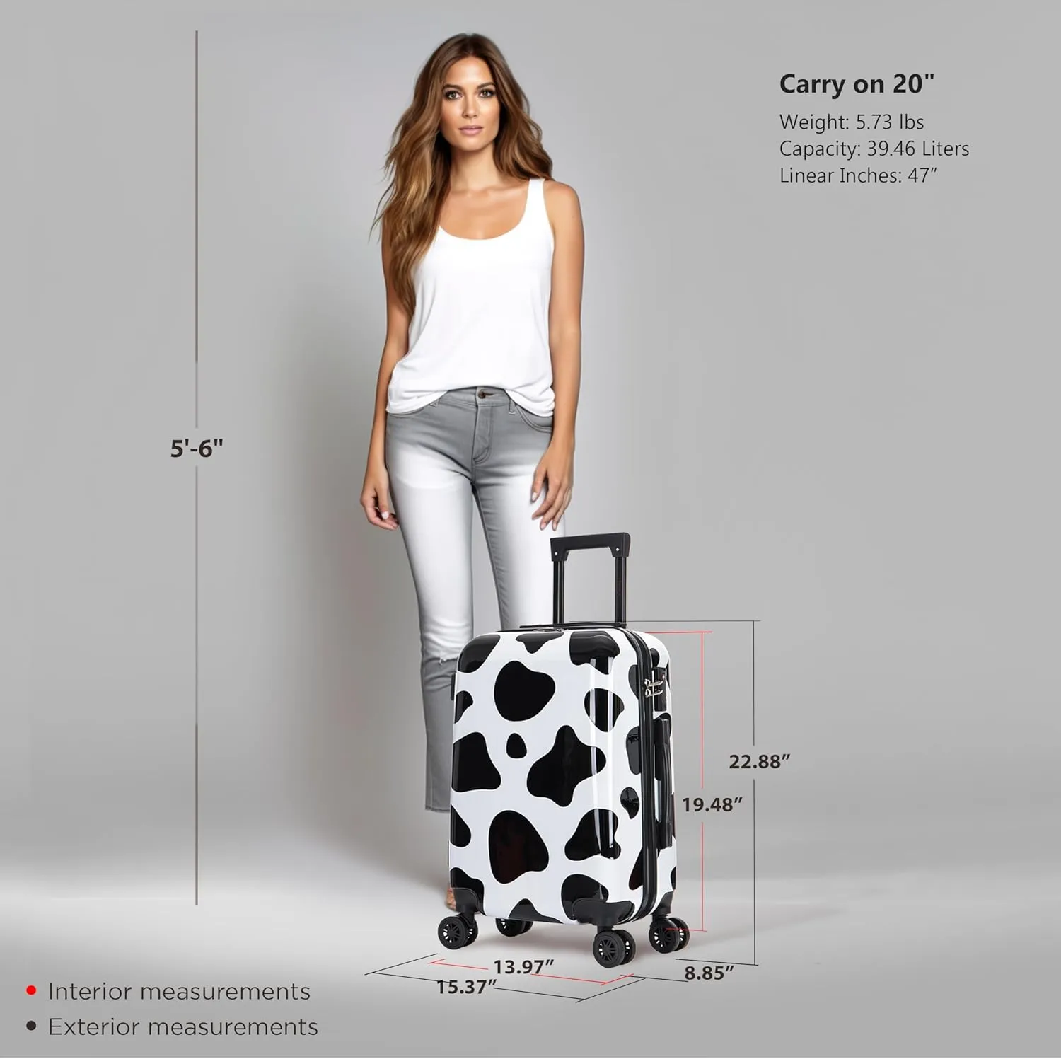 InUSA Cow Print Luggage with Spinner Wheels | Durable Lightweight Hardside Suitcase | Travel Bag with Handle and Trolley | 20-Inch Carry On Small Luggage