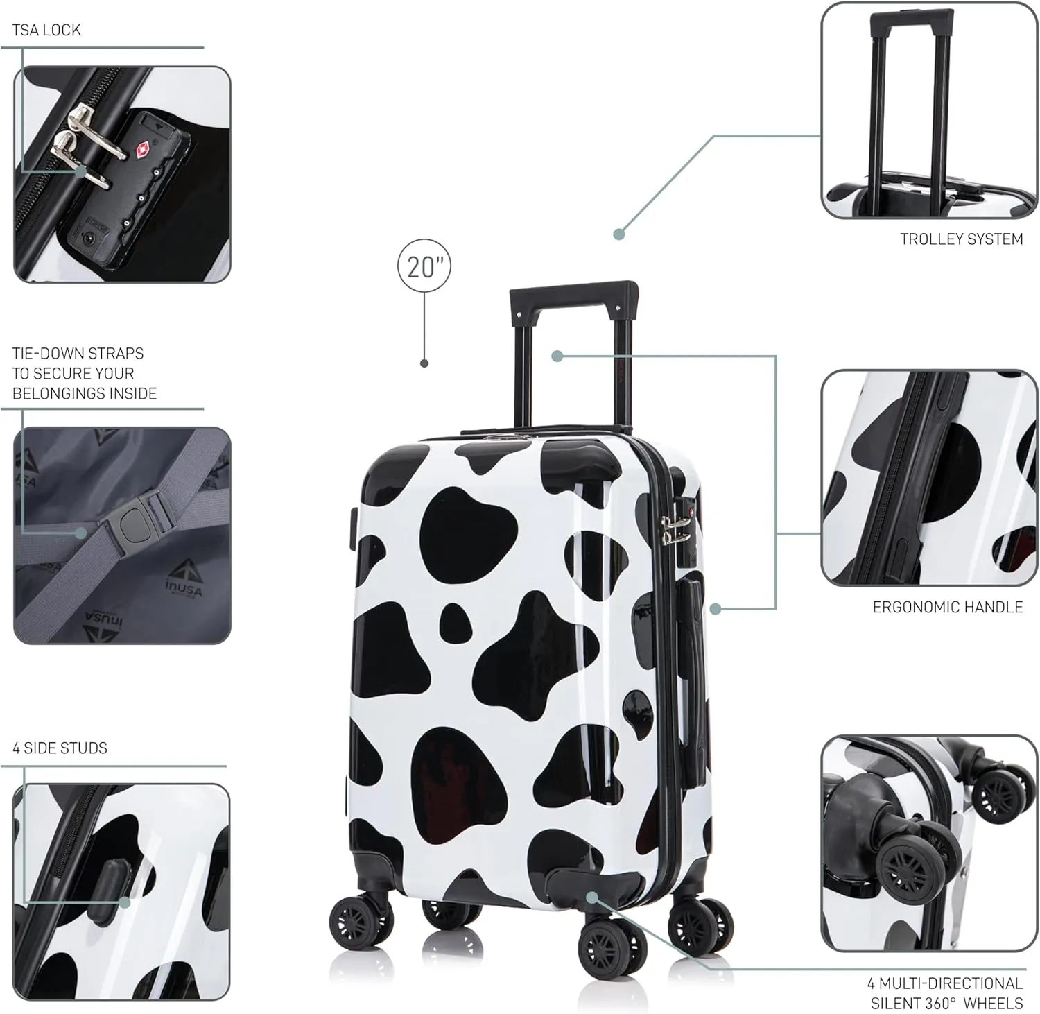 InUSA Cow Print Luggage with Spinner Wheels | Durable Lightweight Hardside Suitcase | Travel Bag with Handle and Trolley | 20-Inch Carry On Small Luggage