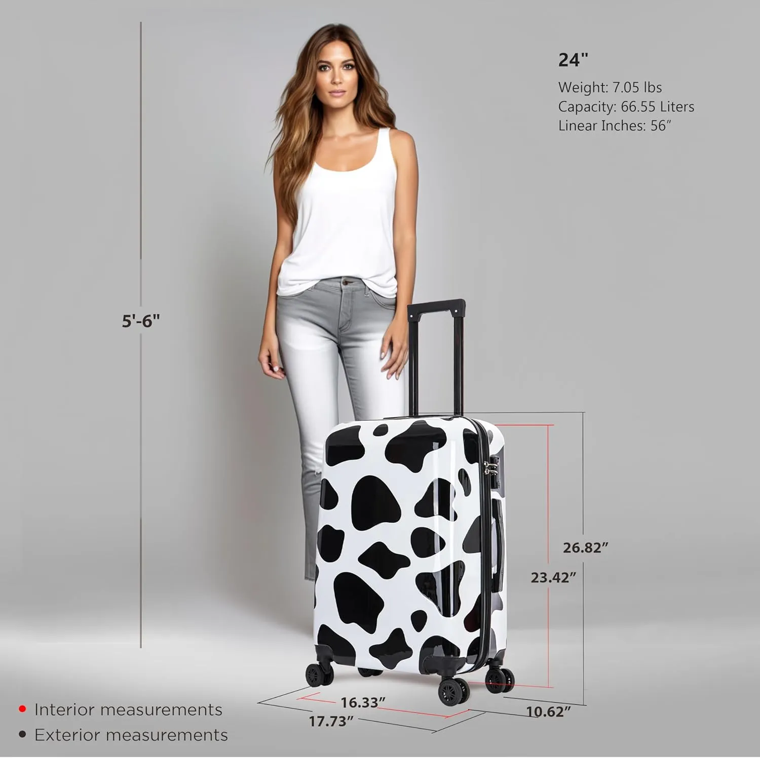 InUSA Cow Print Luggage with Spinner Wheels | Durable Lightweight Hardside Suitcase | Travel Bag with Handle and Trolley | 24-Inch Medium Checked luggage