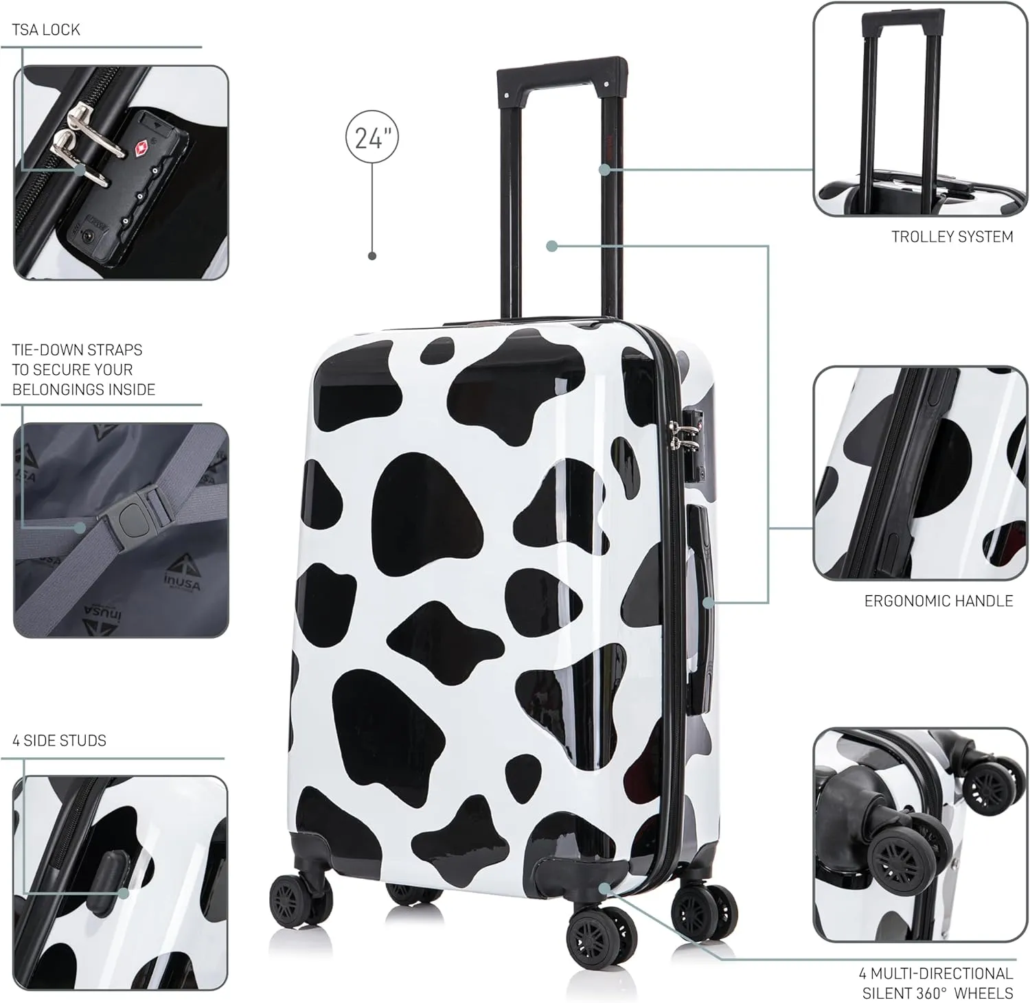 InUSA Cow Print Luggage with Spinner Wheels | Durable Lightweight Hardside Suitcase | Travel Bag with Handle and Trolley | 24-Inch Medium Checked luggage