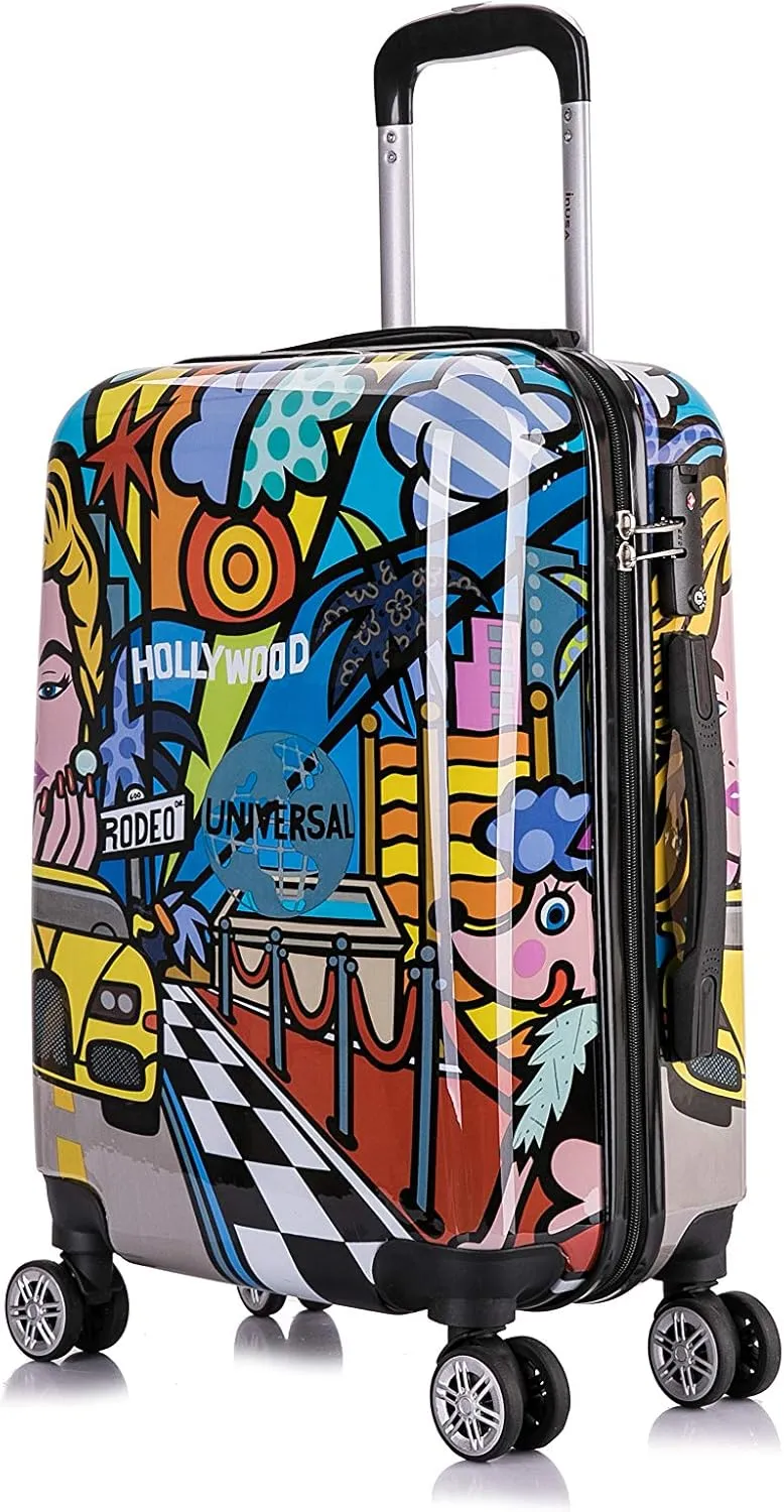 InUSA Hollywood Print Luggage with Spinner Wheels | Durable Lightweight Hardside Suitcase | Travel Bag with Handle and Trolley | 20 Inch Carry-On Spinner Luggage