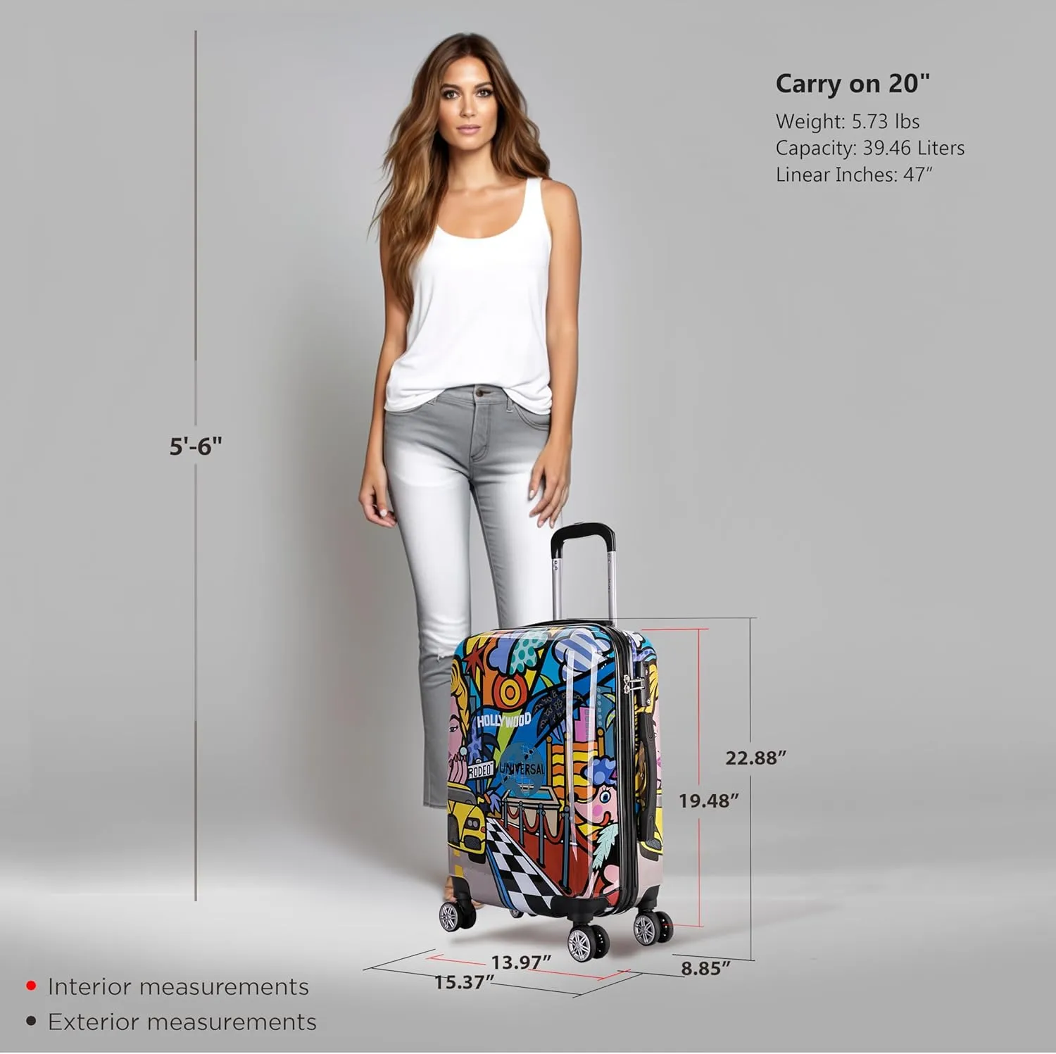 InUSA Hollywood Print Luggage with Spinner Wheels | Durable Lightweight Hardside Suitcase | Travel Bag with Handle and Trolley | 20 Inch Carry-On Spinner Luggage
