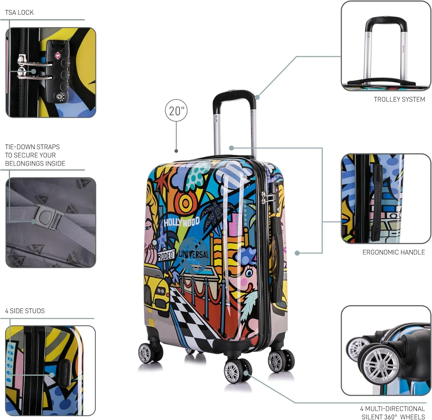 InUSA Hollywood Print Luggage with Spinner Wheels | Durable Lightweight Hardside Suitcase | Travel Bag with Handle and Trolley | 20 Inch Carry-On Spinner Luggage