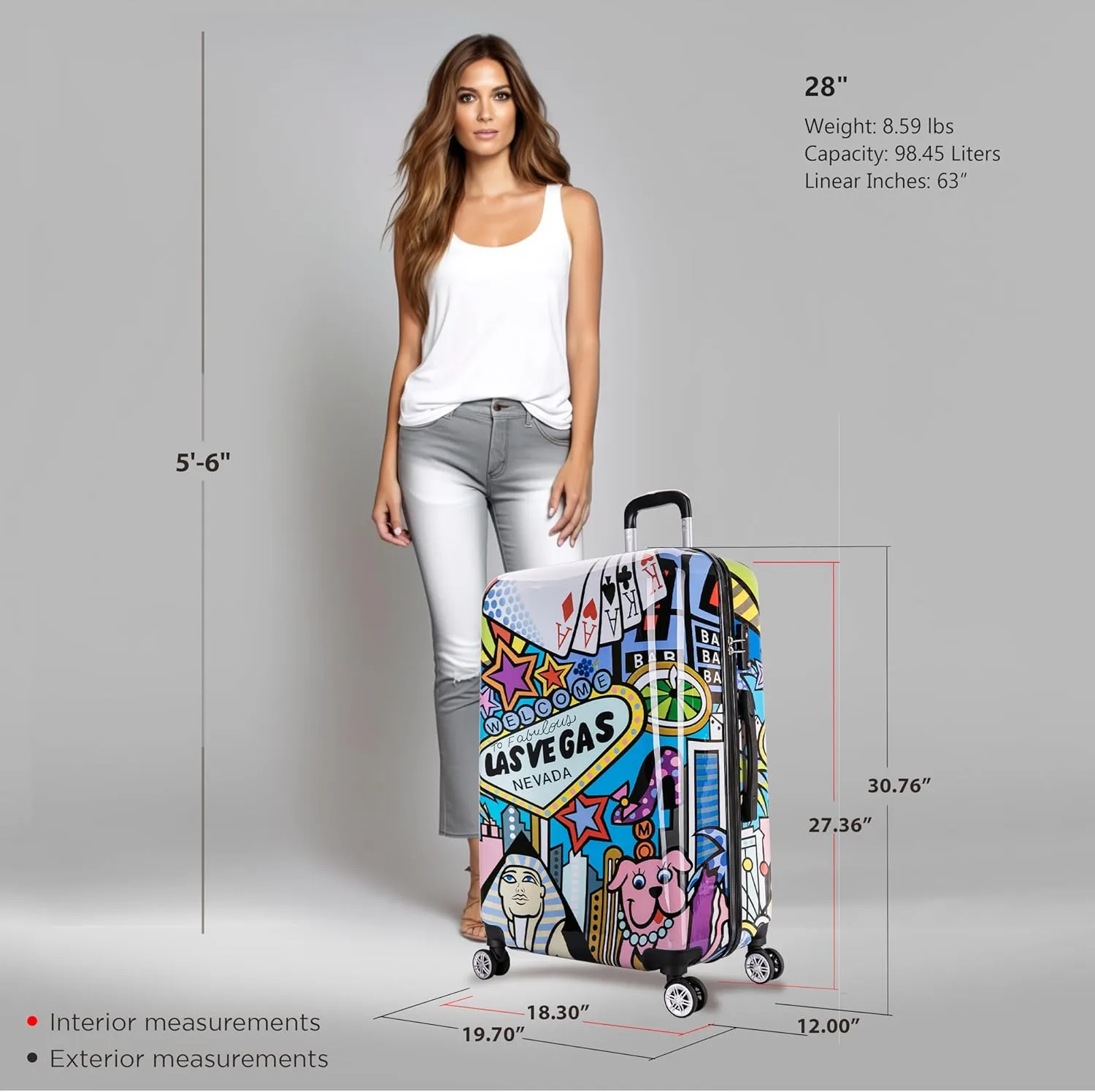 InUSA Las Vegas Print Luggage with Spinner Wheels | Durable Lightweight Hardside Suitcase | Travel Bag with Handle and Trolley | 28-Inch Large Checked luggage