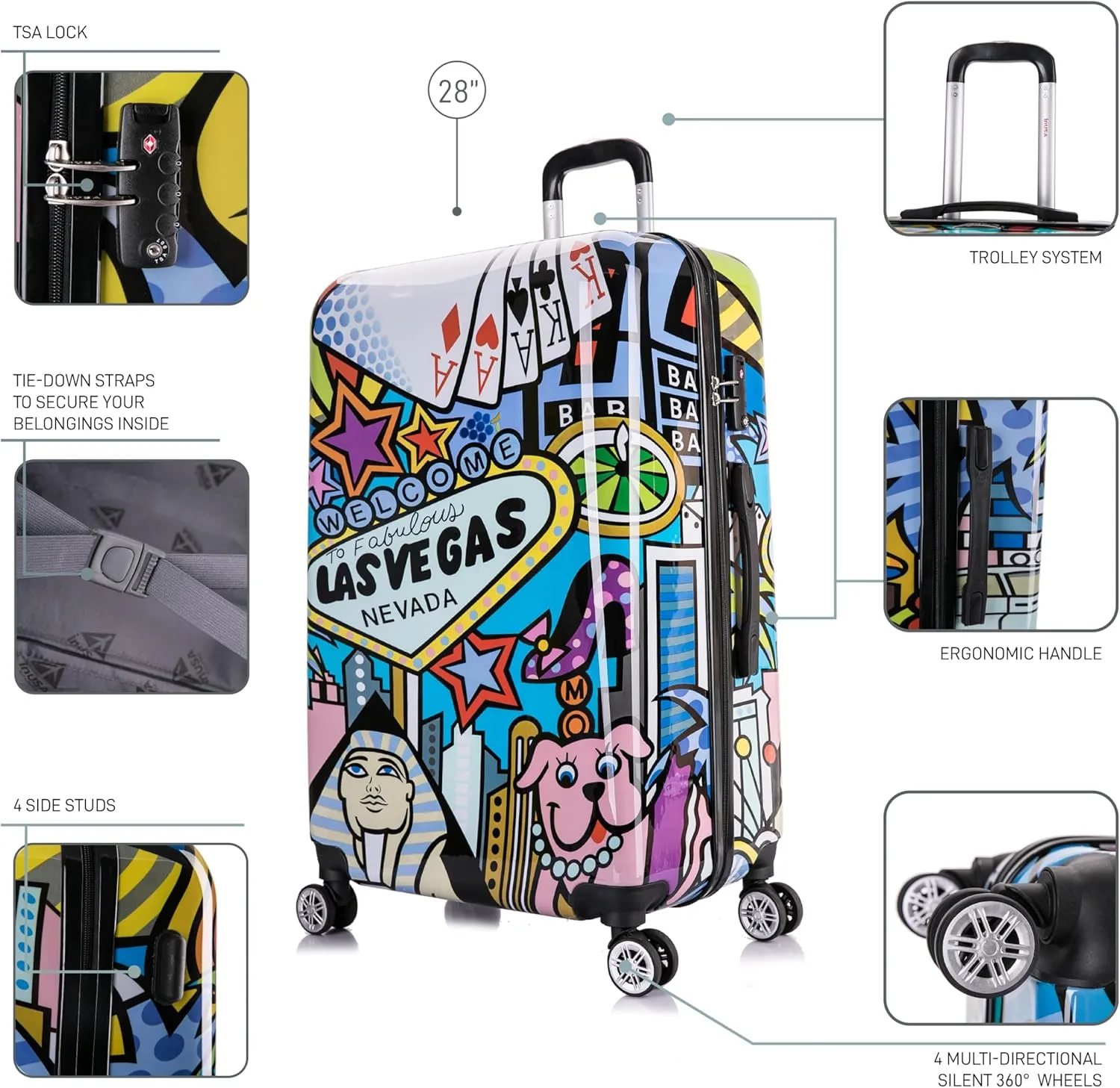 InUSA Las Vegas Print Luggage with Spinner Wheels | Durable Lightweight Hardside Suitcase | Travel Bag with Handle and Trolley | 28-Inch Large Checked luggage