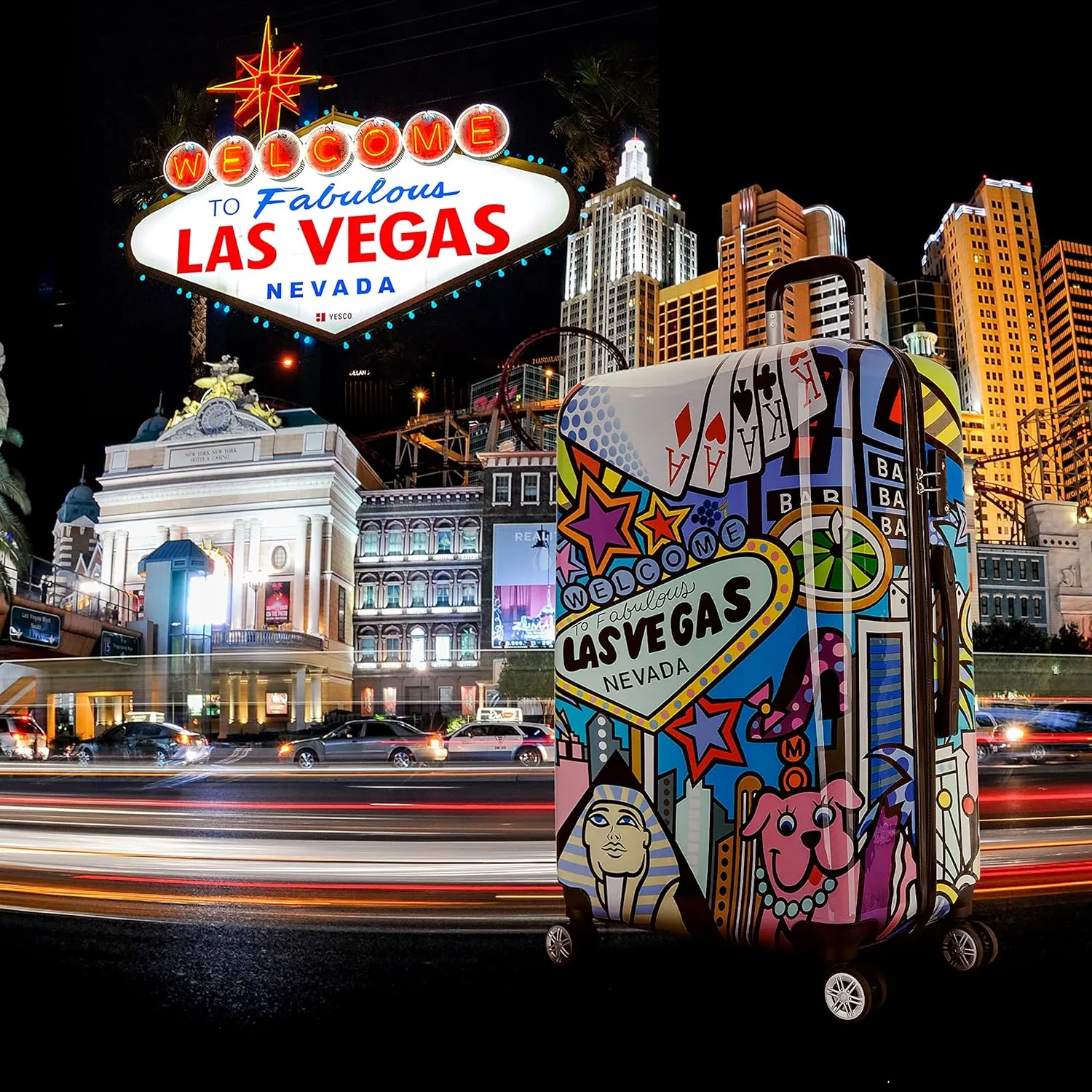 InUSA Las Vegas Print Luggage with Spinner Wheels | Durable Lightweight Hardside Suitcase | Travel Bag with Handle and Trolley | 28-Inch Large Checked luggage