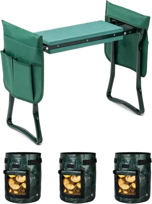 iPower 2-in-1 Garden Kneeler and Seat with 3 Pack 10 Gallon Potato Grow Bags, 2 Removable Tools Pouch and Soft Kneeling Pad, No Assembly, Portable Heavy Duty Garden Stool for Women Men Seniors