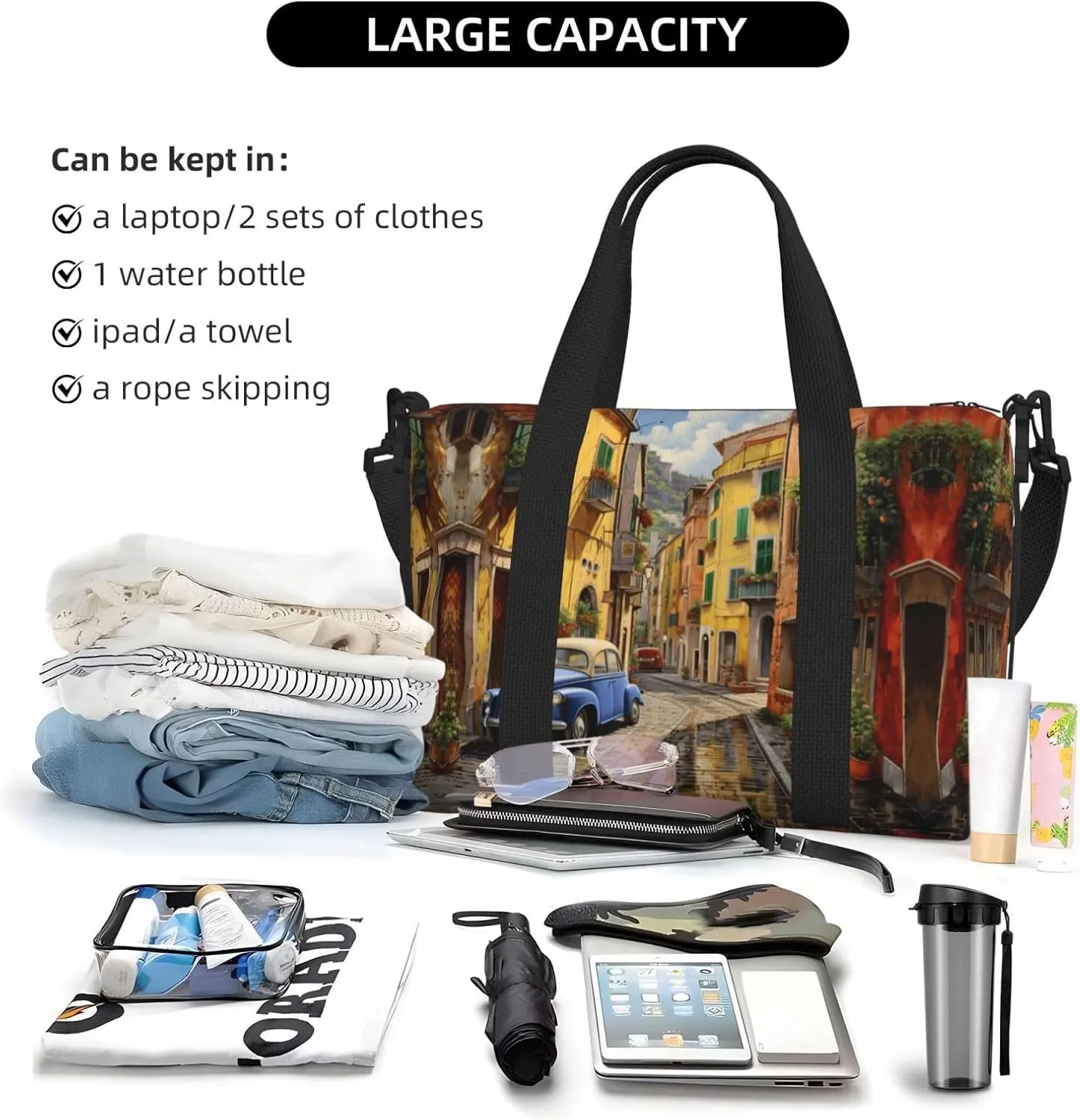 Italian Street Women Travel Duffel Bag, Large Weekender Carry-On Tote, Gym Workout Bag,Mommy Hospital Bag