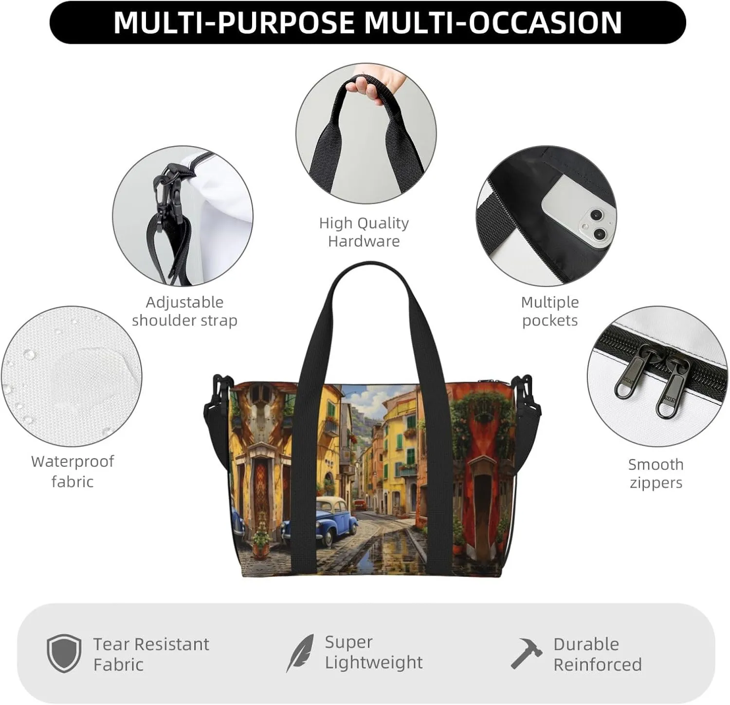 Italian Street Women Travel Duffel Bag, Large Weekender Carry-On Tote, Gym Workout Bag,Mommy Hospital Bag