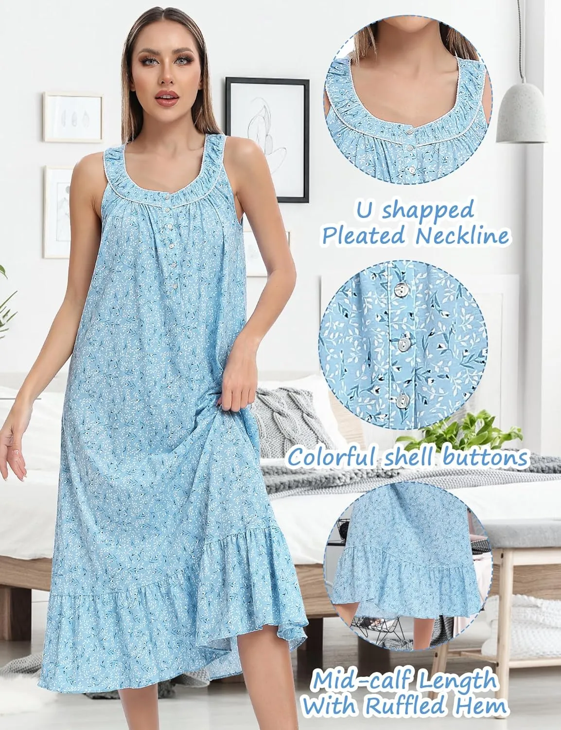 IZZY   TOBY Nightgowns for Women Knit Cotton Night Dress Soft Sleeveless Ladies Gowns