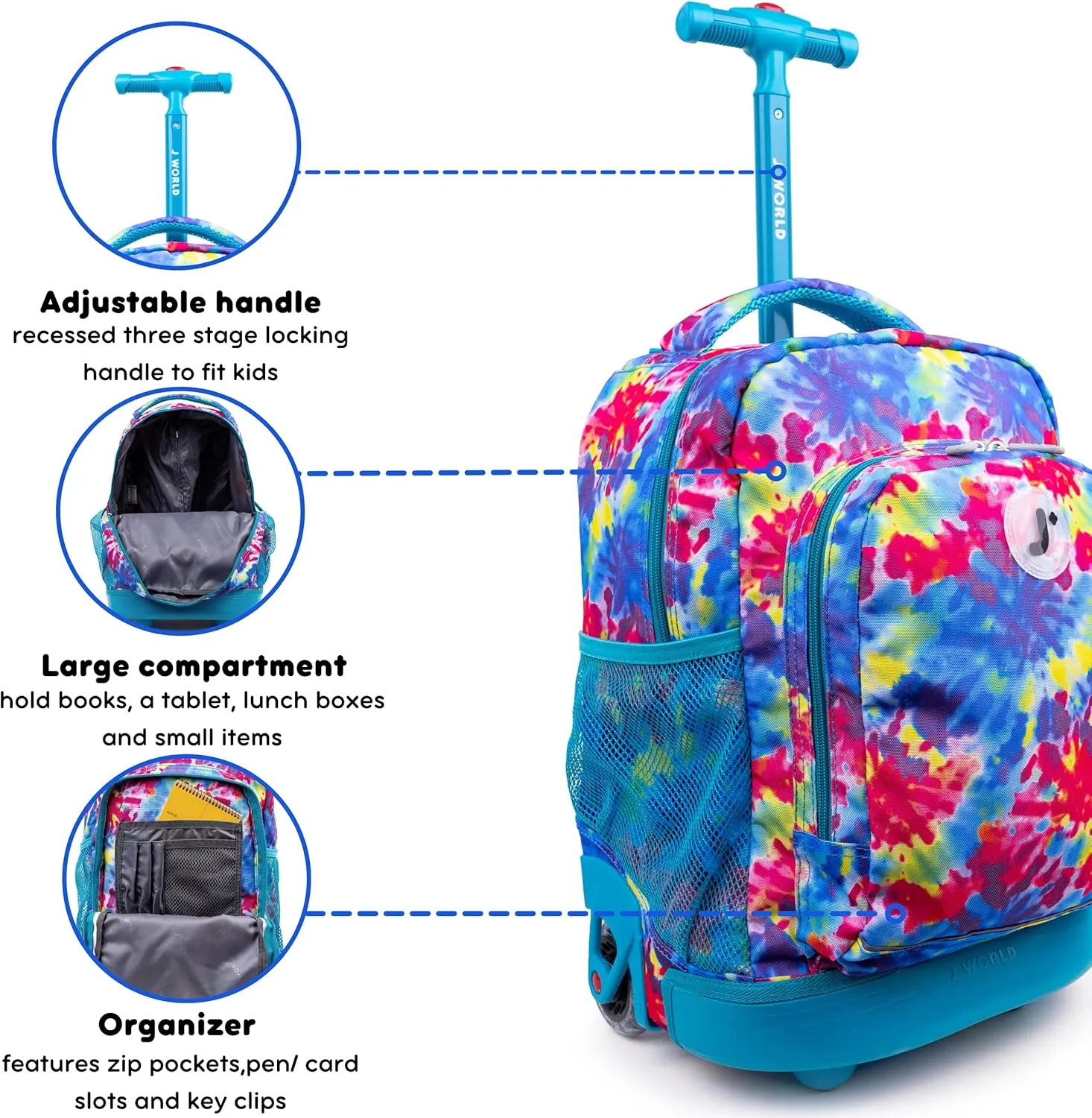 J World New York Kids' Sunny Rolling Backpack Adults, Tie Dye, One Size