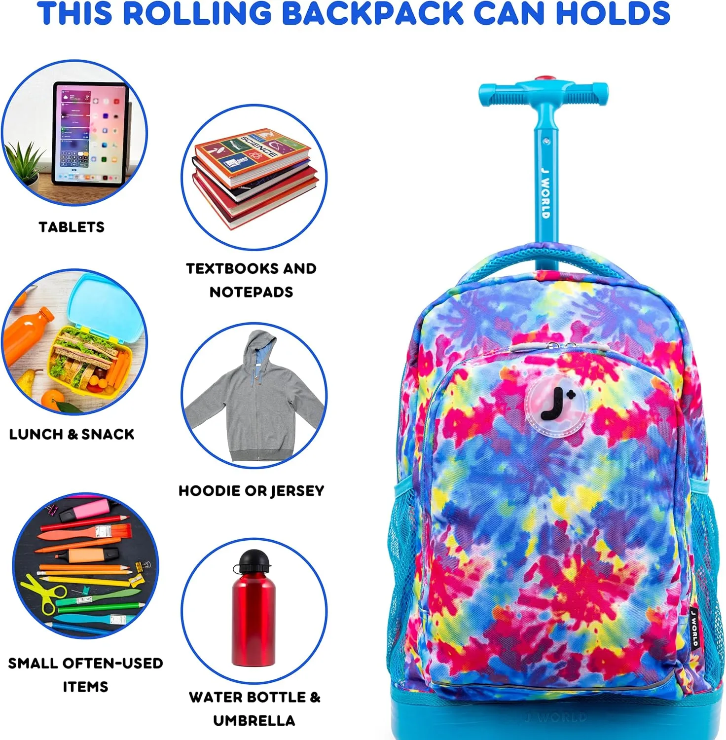 J World New York Kids' Sunny Rolling Backpack Adults, Tie Dye, One Size