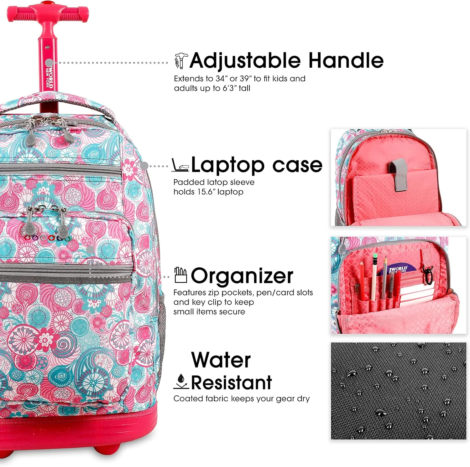 J World New York Sundance Rolling Backpack Girl Boy Roller Bookbag, Blue Raspberry, 20 Inch