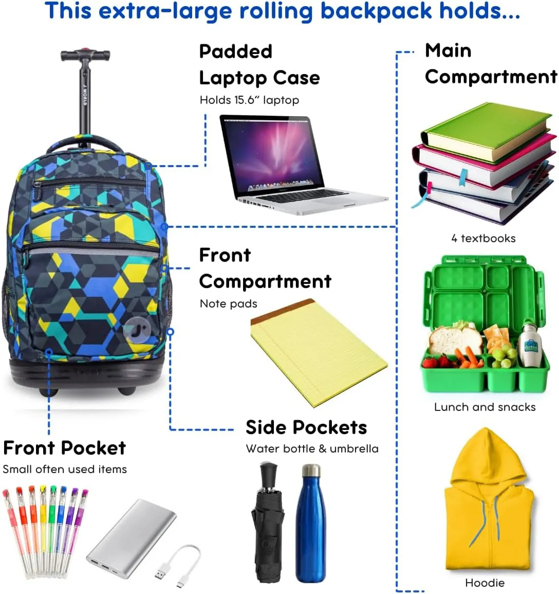 J World New York Sundance Rolling Backpack Girl Boy Roller Bookbag, Cubes, 20 Inch