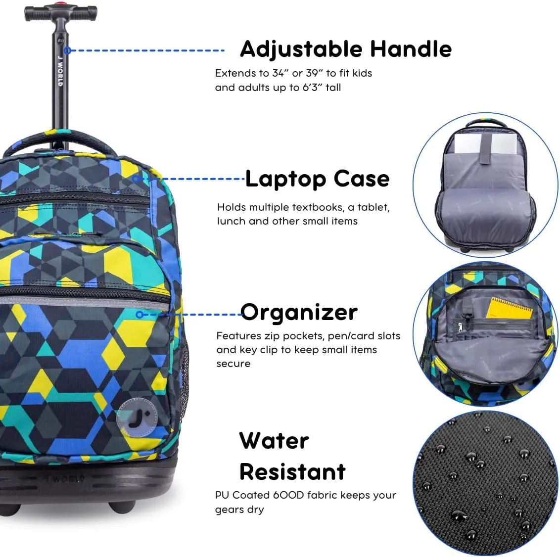 J World New York Sundance Rolling Backpack Girl Boy Roller Bookbag, Cubes, 20 Inch