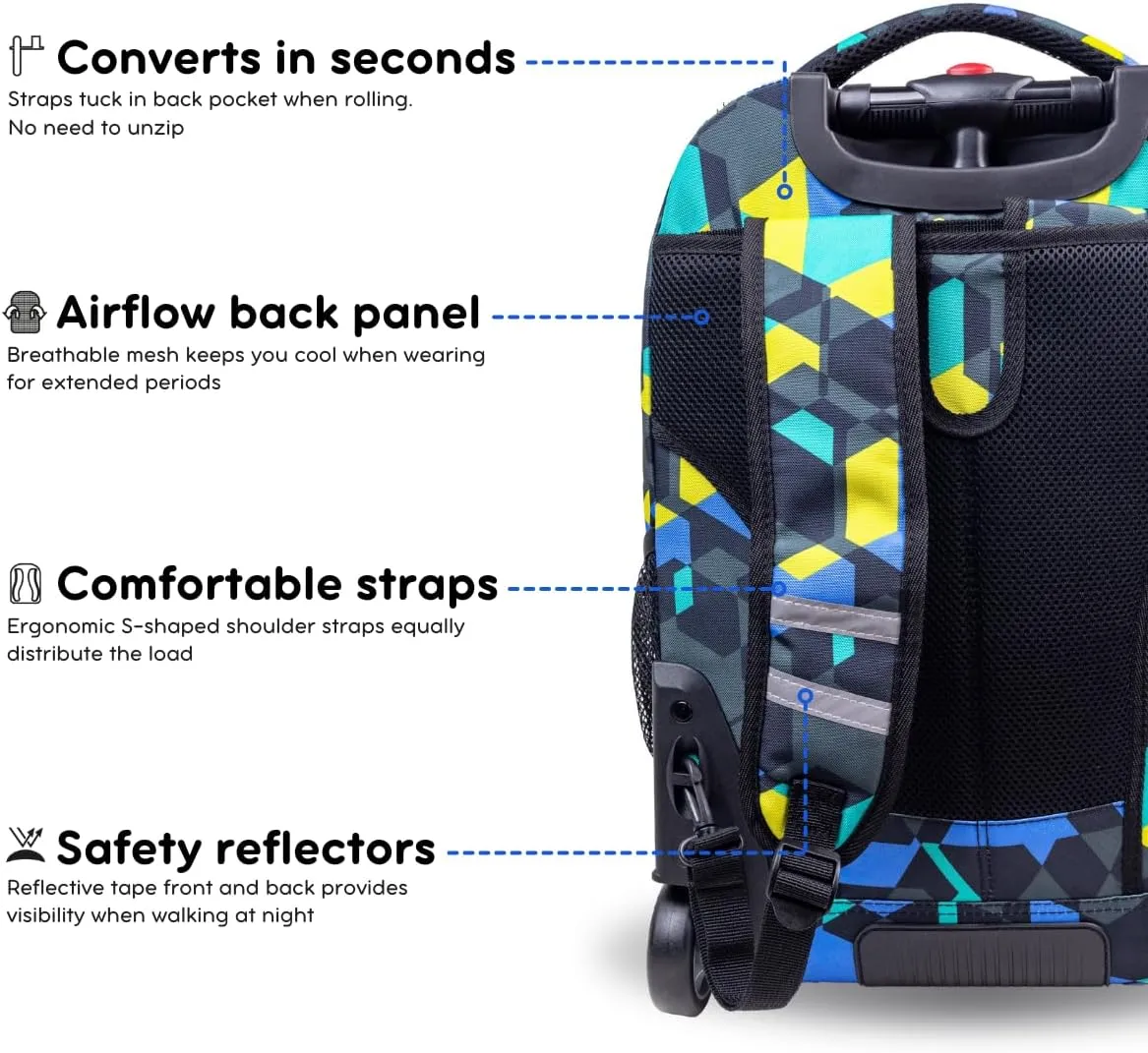 J World New York Sundance Rolling Backpack Girl Boy Roller Bookbag, Cubes, 20 Inch