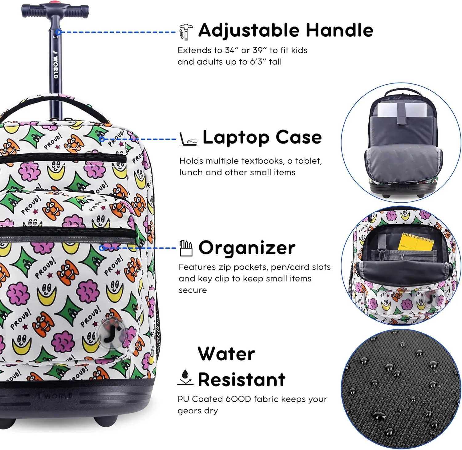 J World New York Sundance Rolling Backpack Girl Boy Roller Bookbag, Proud, 20 Inch