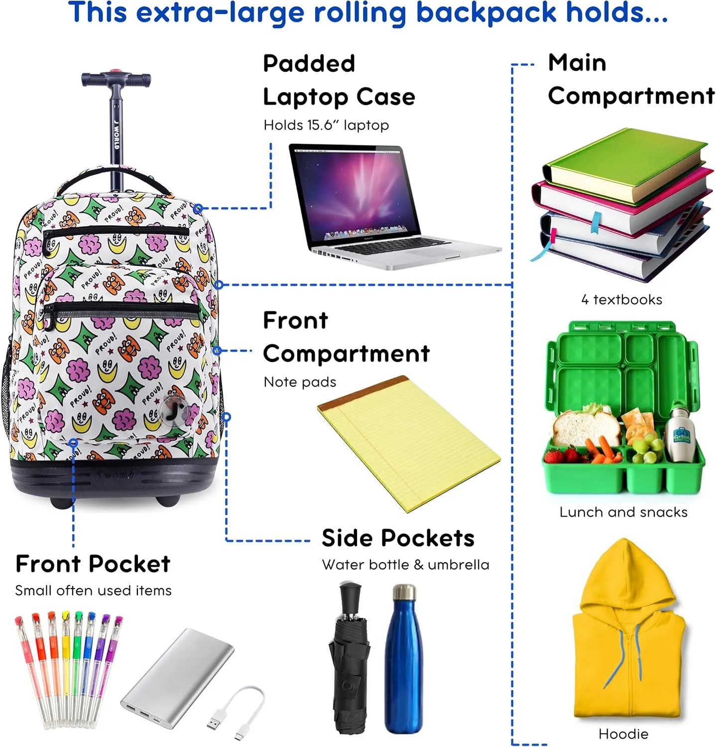 J World New York Sundance Rolling Backpack Girl Boy Roller Bookbag, Proud, 20 Inch