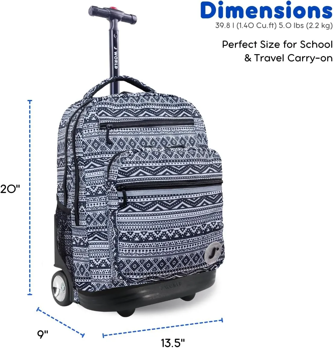 J World New York Sundance Rolling Backpack Girl Boy Roller Bookbag, Tribal, One Size