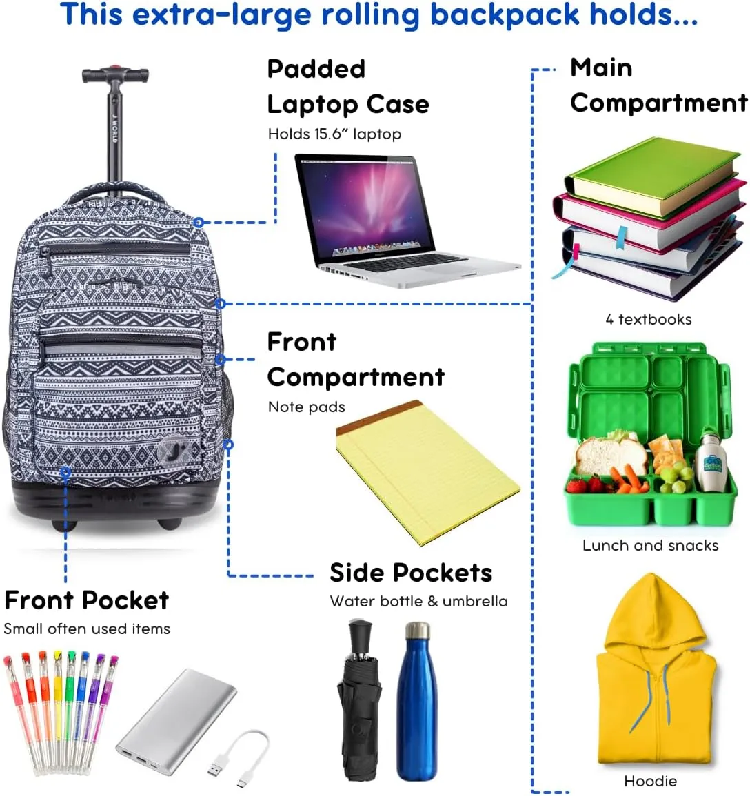 J World New York Sundance Rolling Backpack Girl Boy Roller Bookbag, Tribal, One Size