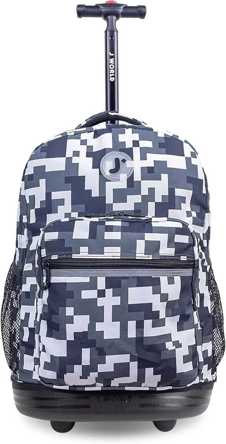 J World New York Sunrise Kids Rolling Backpack for Girls Boys Teen. Roller Bookbag with Wheels, Camo, 18"