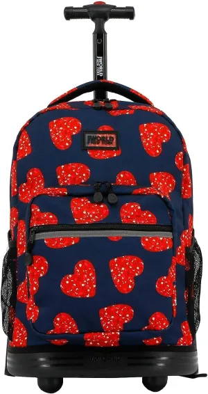 J World New York Sunrise Kids Rolling Backpack for Girls Boys Teen. Roller Bookbag with Wheels, Love Spangle, 18"