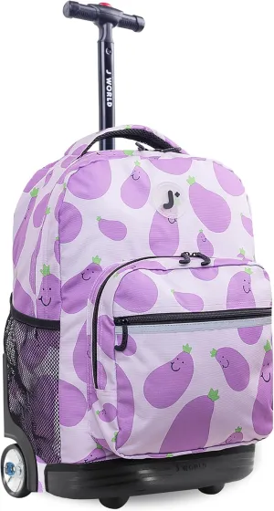 J World New York Sunrise Kids Rolling Backpack for Girls Boys Teen. Roller Bookbag with Wheels, Mr. Eggplant, 18"