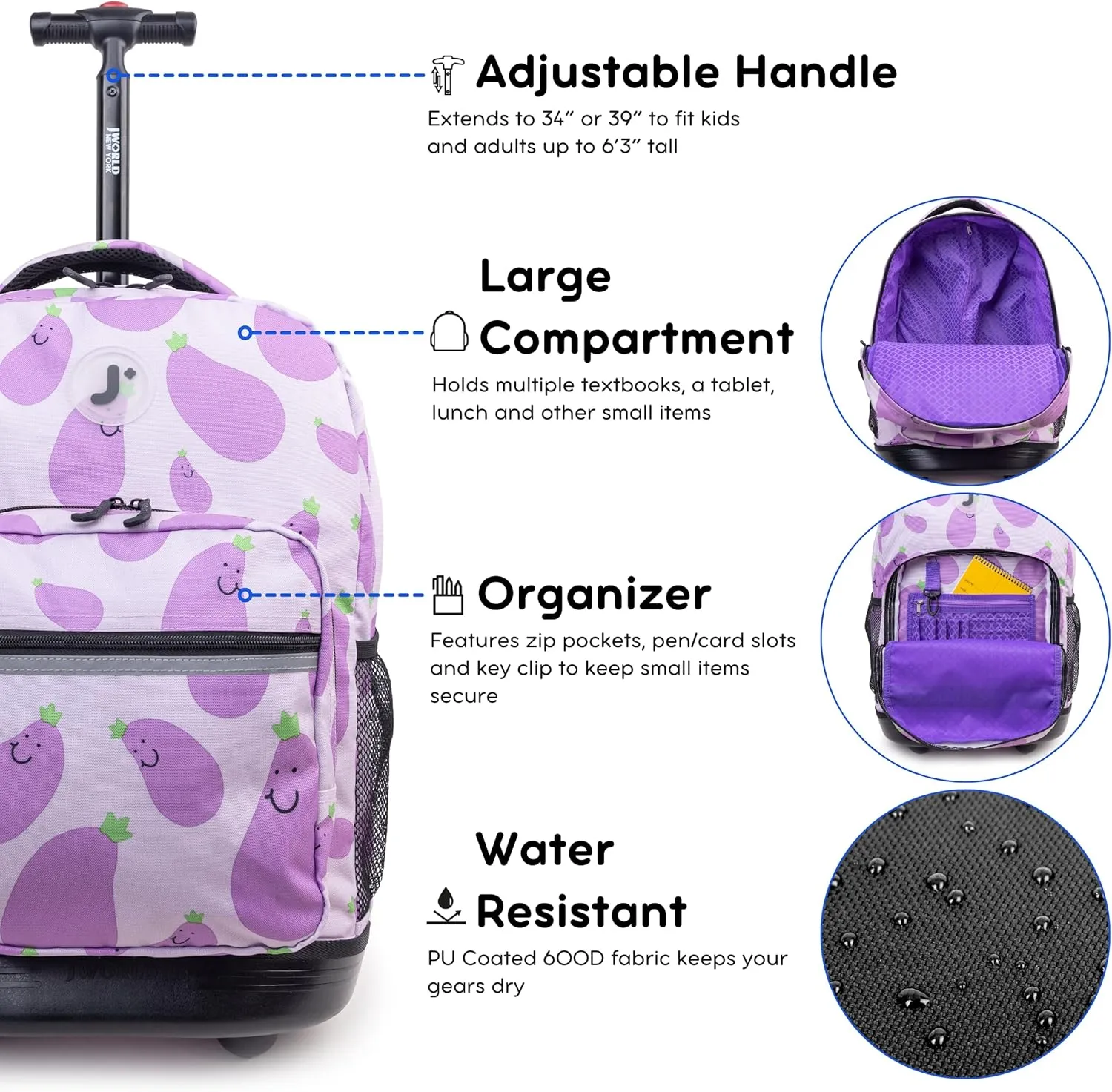 J World New York Sunrise Kids Rolling Backpack for Girls Boys Teen. Roller Bookbag with Wheels, Mr. Eggplant, 18"