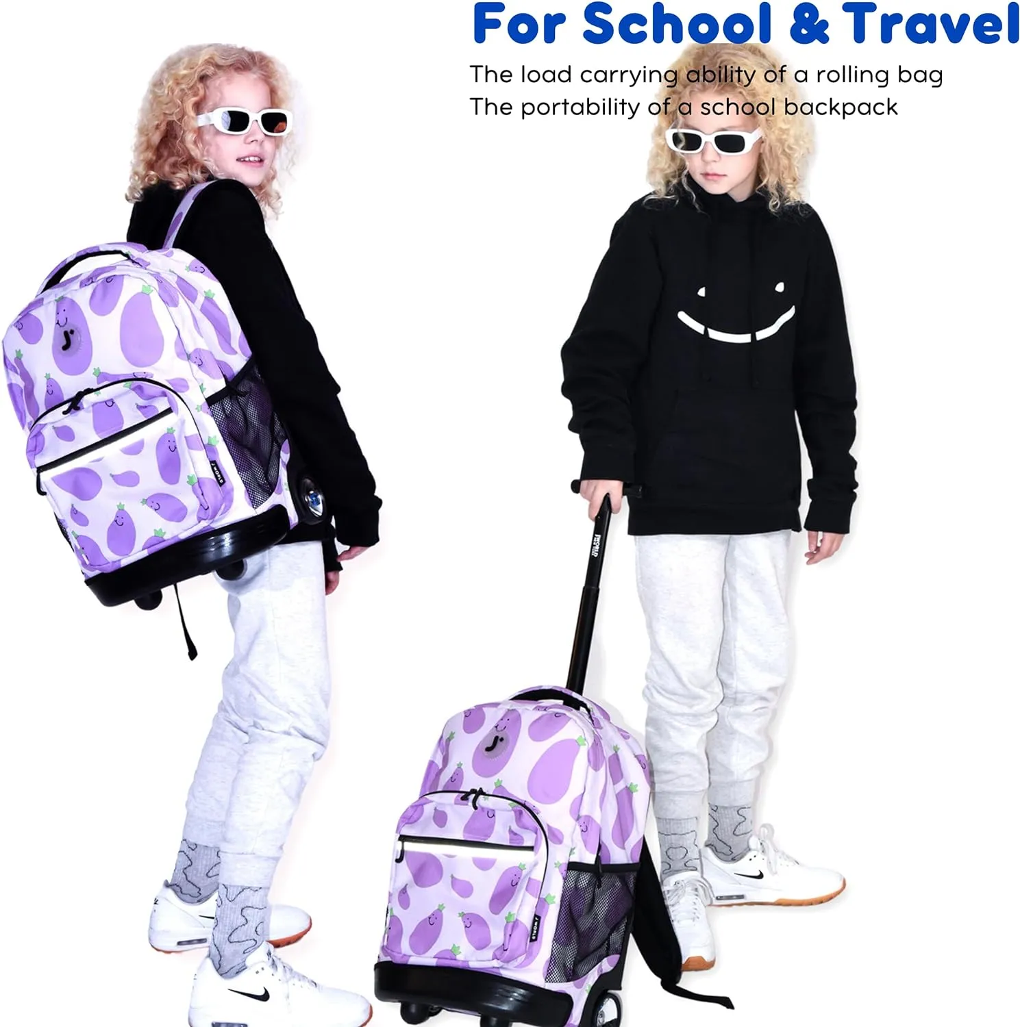 J World New York Sunrise Kids Rolling Backpack for Girls Boys Teen. Roller Bookbag with Wheels, Mr. Eggplant, 18"