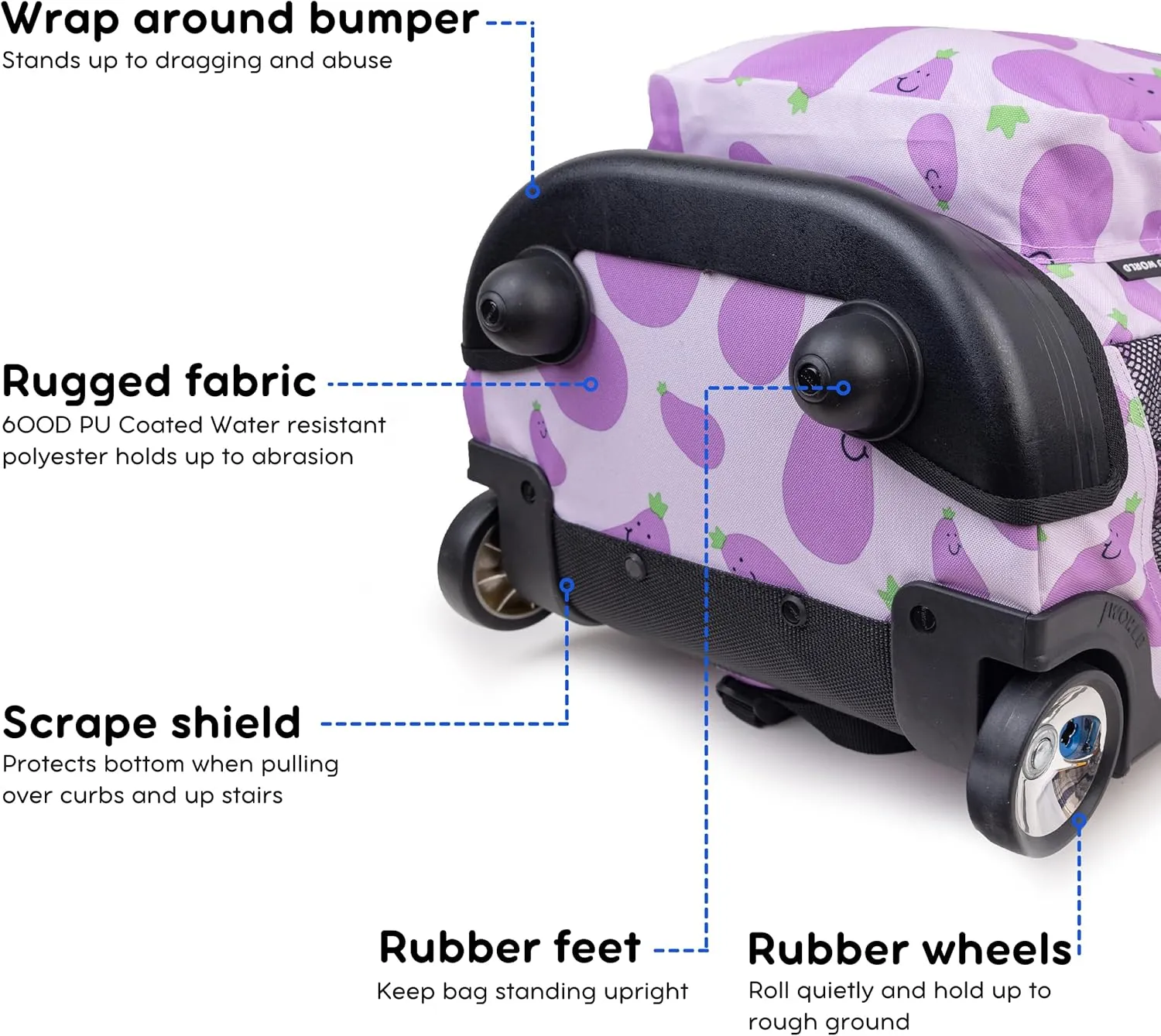 J World New York Sunrise Kids Rolling Backpack for Girls Boys Teen. Roller Bookbag with Wheels, Mr. Eggplant, 18"