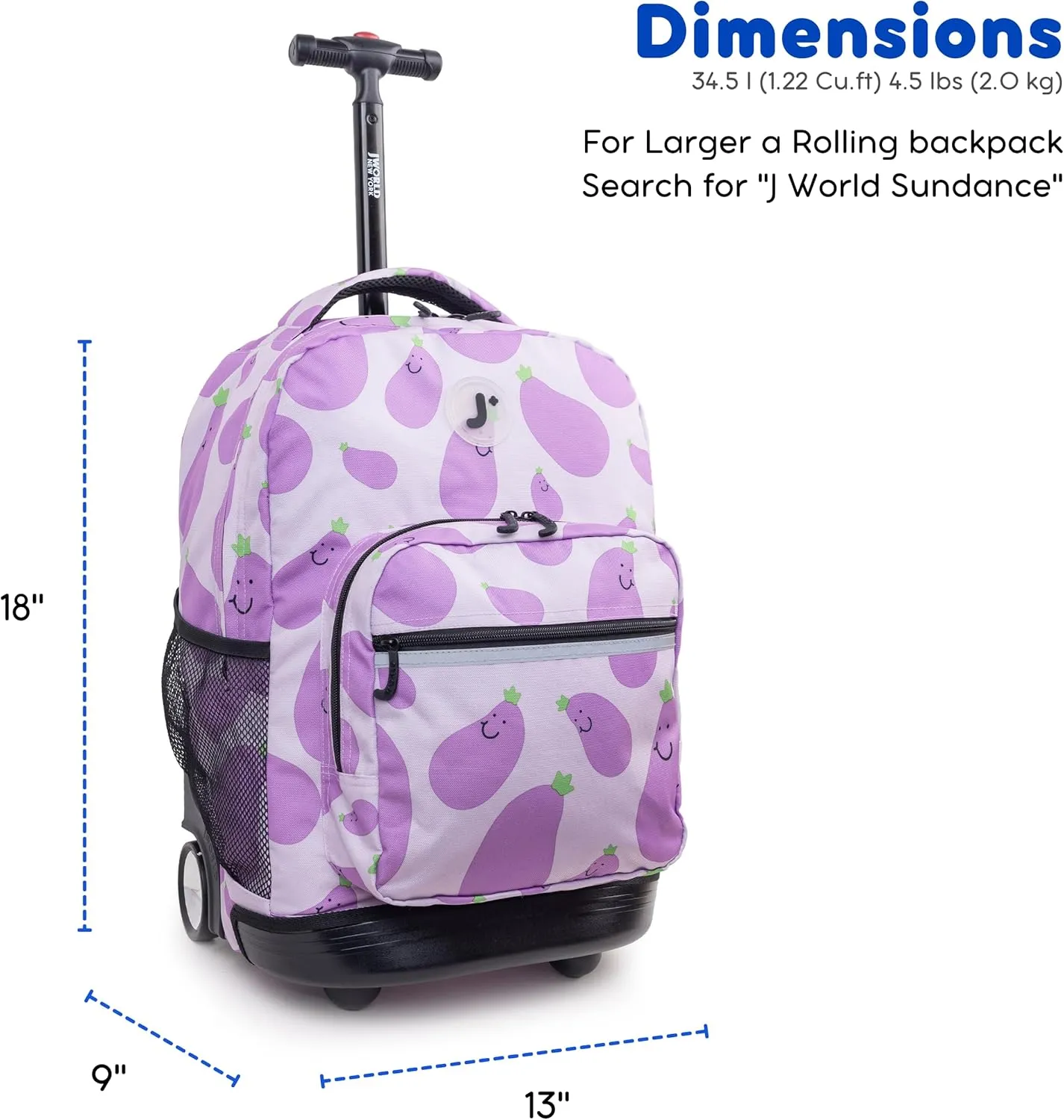 J World New York Sunrise Kids Rolling Backpack for Girls Boys Teen. Roller Bookbag with Wheels, Mr. Eggplant, 18"