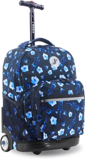 J World New York Sunrise Kids Rolling Backpack for Girls Boys Teen. Roller Bookbag with Wheels, Night Bloom, 18"